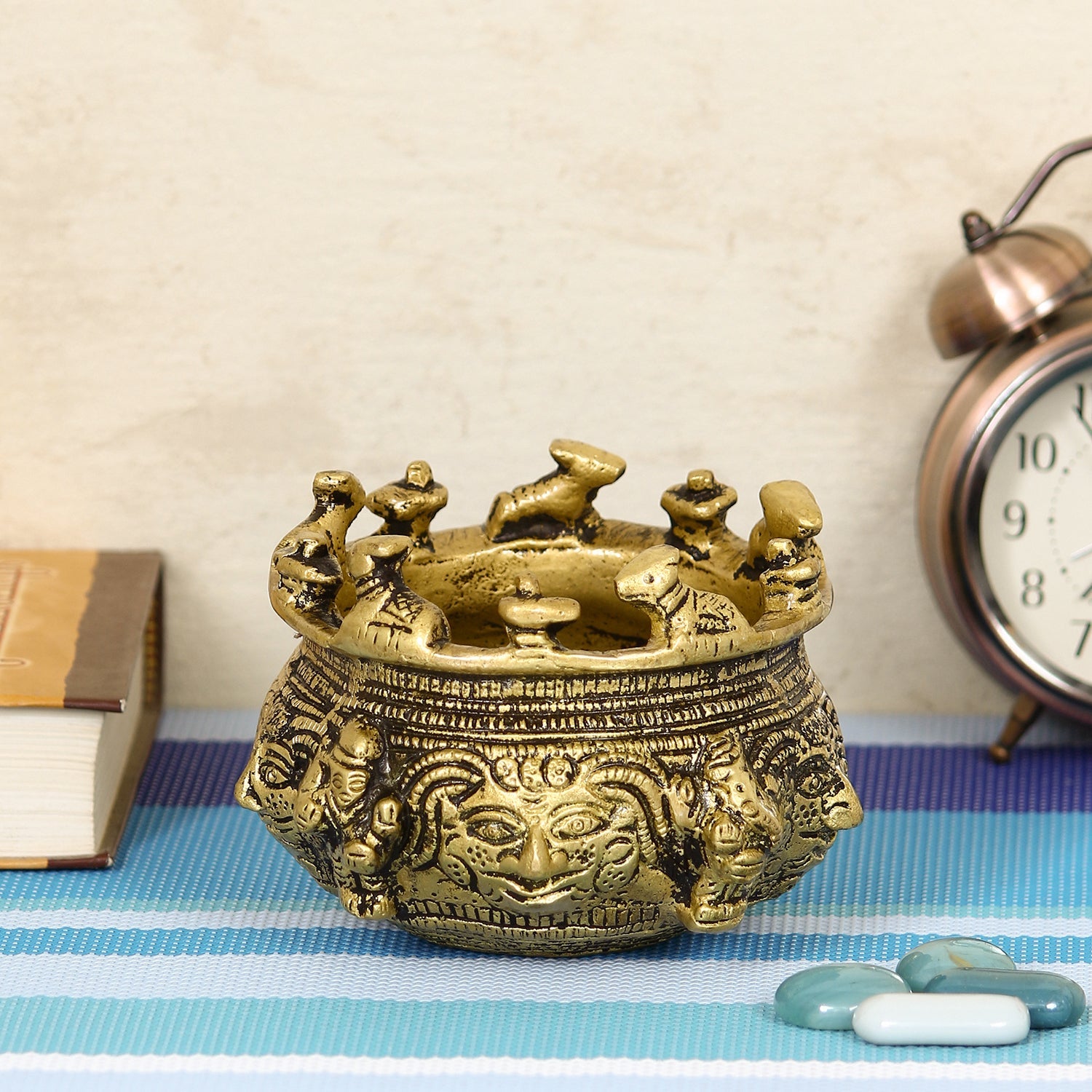 Golden Brass Auspicious Kalash, Shivling And Nandi On The Rim Of The Kalash/Pot For Religious Offerings Kafalo