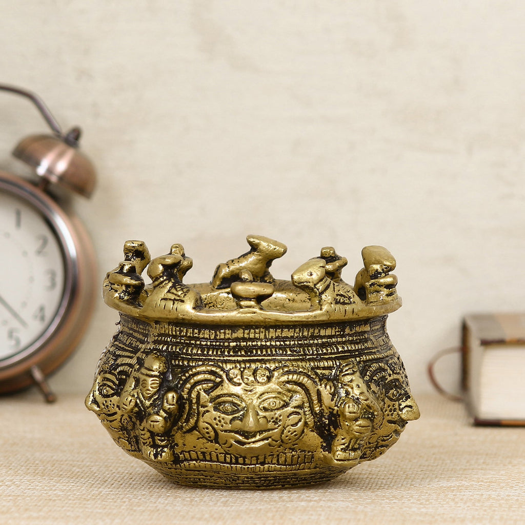 Golden Brass Auspicious Kalash, Shivling And Nandi On The Rim Of The Kalash/Pot For Religious Offerings Kafalo