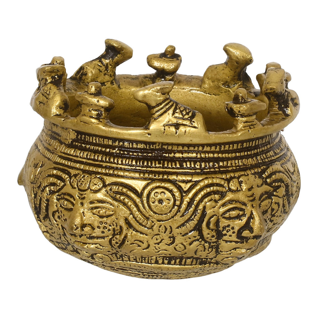 Golden Brass Auspicious Kalash, Shivling And Nandi On The Rim Of The Kalash/Pot For Religious Offerings Kafalo