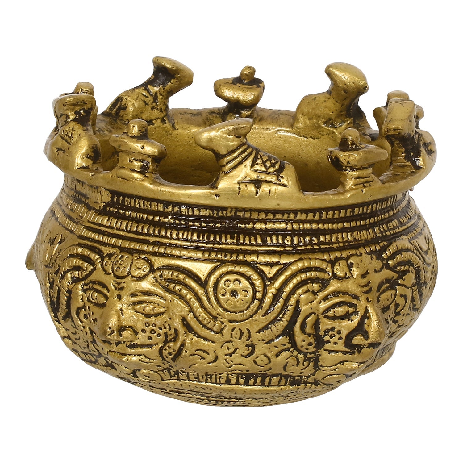 Golden Brass Auspicious Kalash, Shivling And Nandi On The Rim Of The Kalash/Pot For Religious Offerings Kafalo