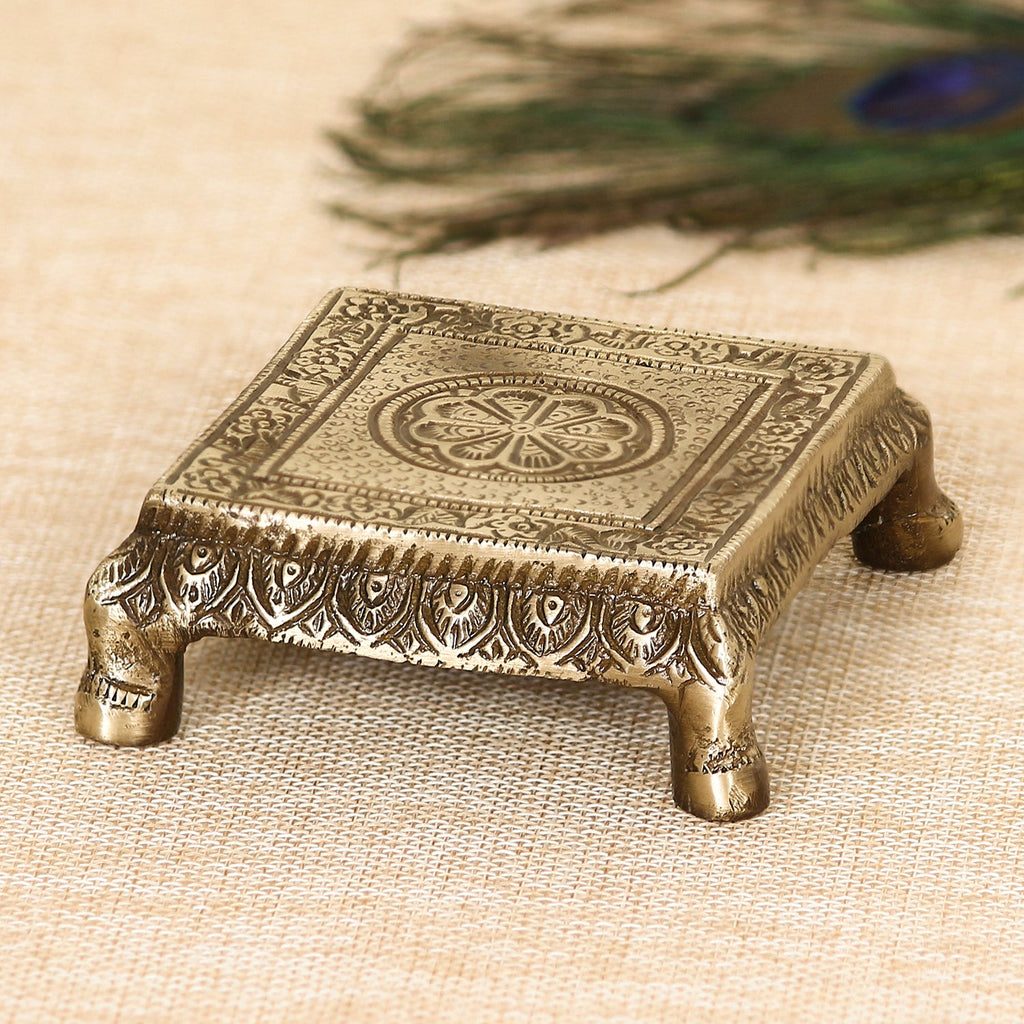 Golden and Brown Brass Traditional Pooja Chowki with Floral Design Kafalo
