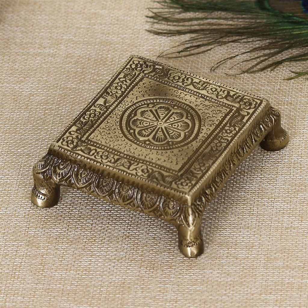 Golden and Brown Brass Traditional Pooja Chowki with Floral Design Kafalo