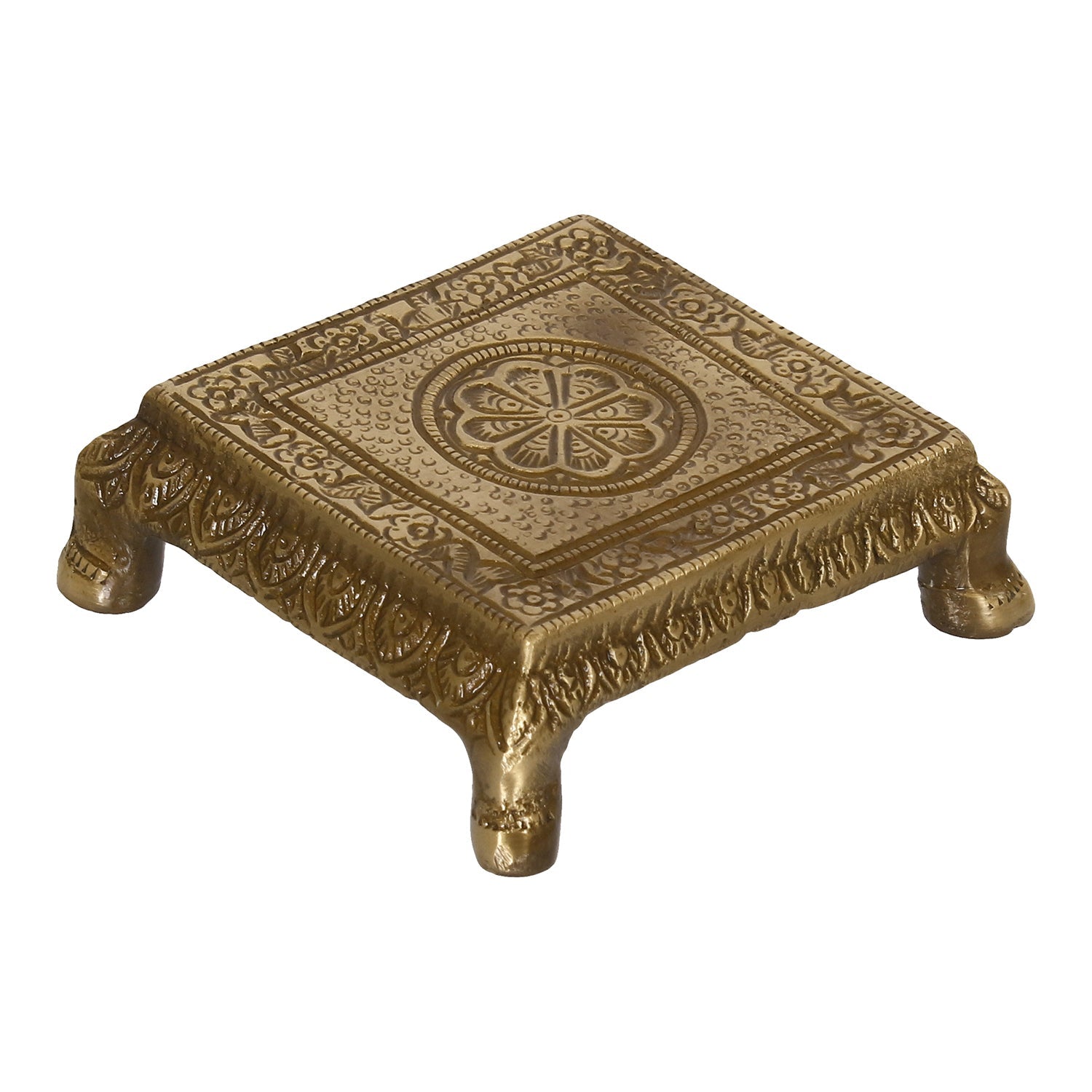 Golden and Brown Brass Traditional Pooja Chowki with Floral Design Kafalo