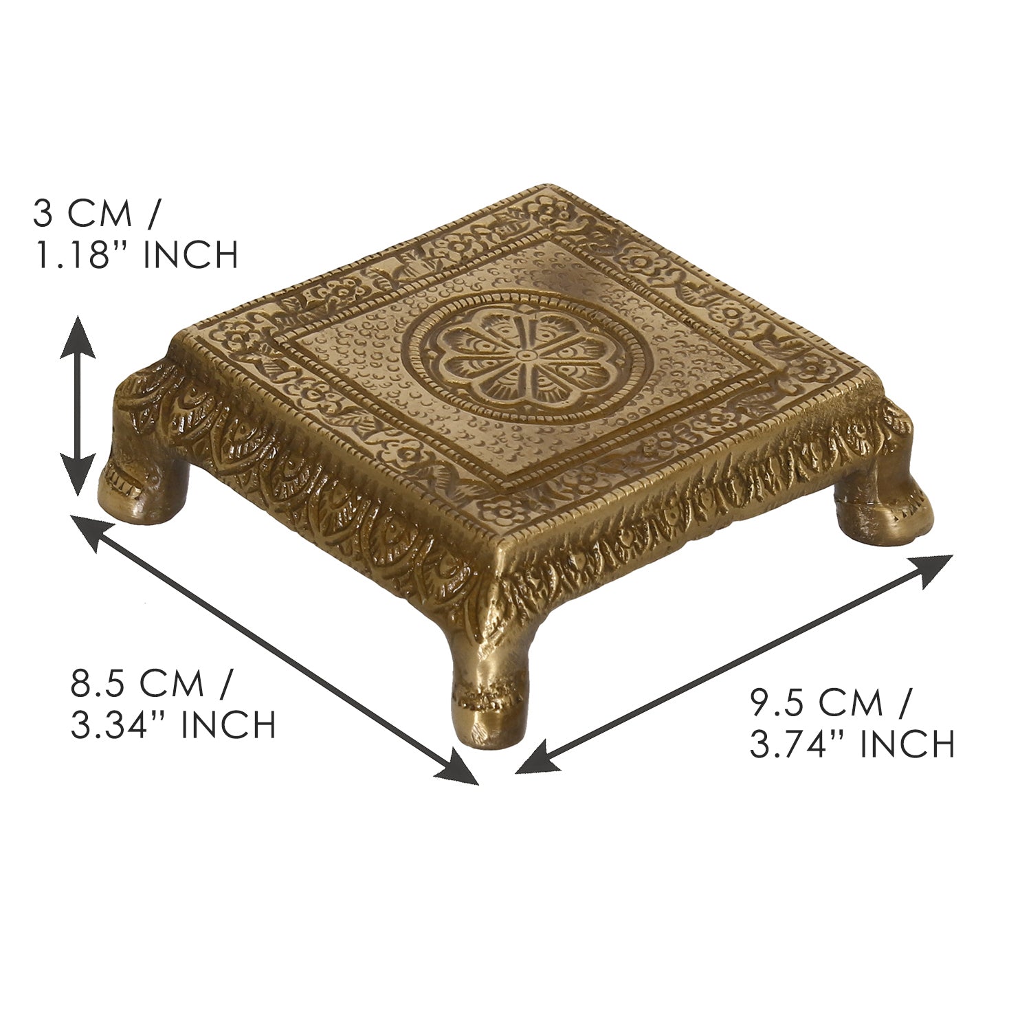 Golden and Brown Brass Traditional Pooja Chowki with Floral Design Kafalo