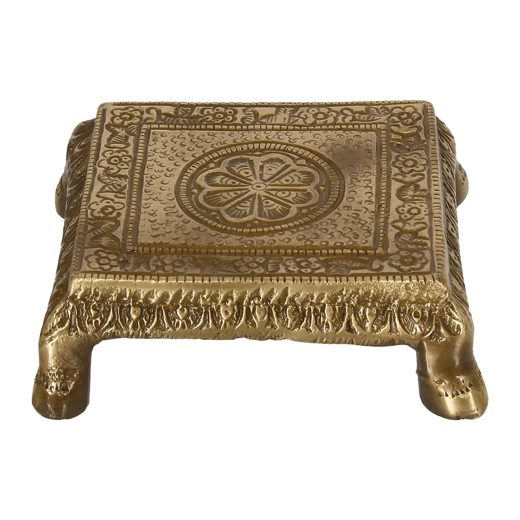 Golden and Brown Brass Traditional Pooja Chowki with Floral Design Kafalo