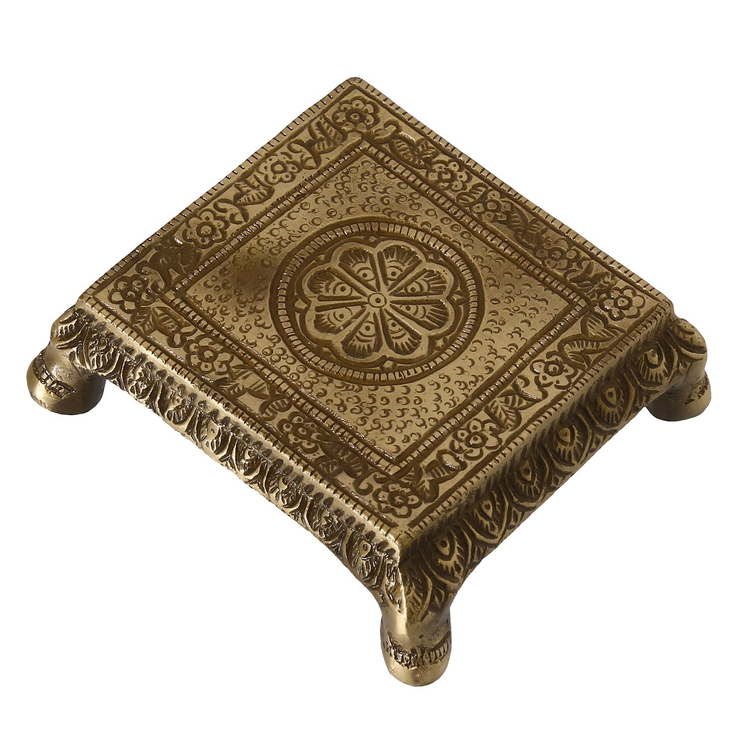 Golden and Brown Brass Traditional Pooja Chowki with Floral Design Kafalo