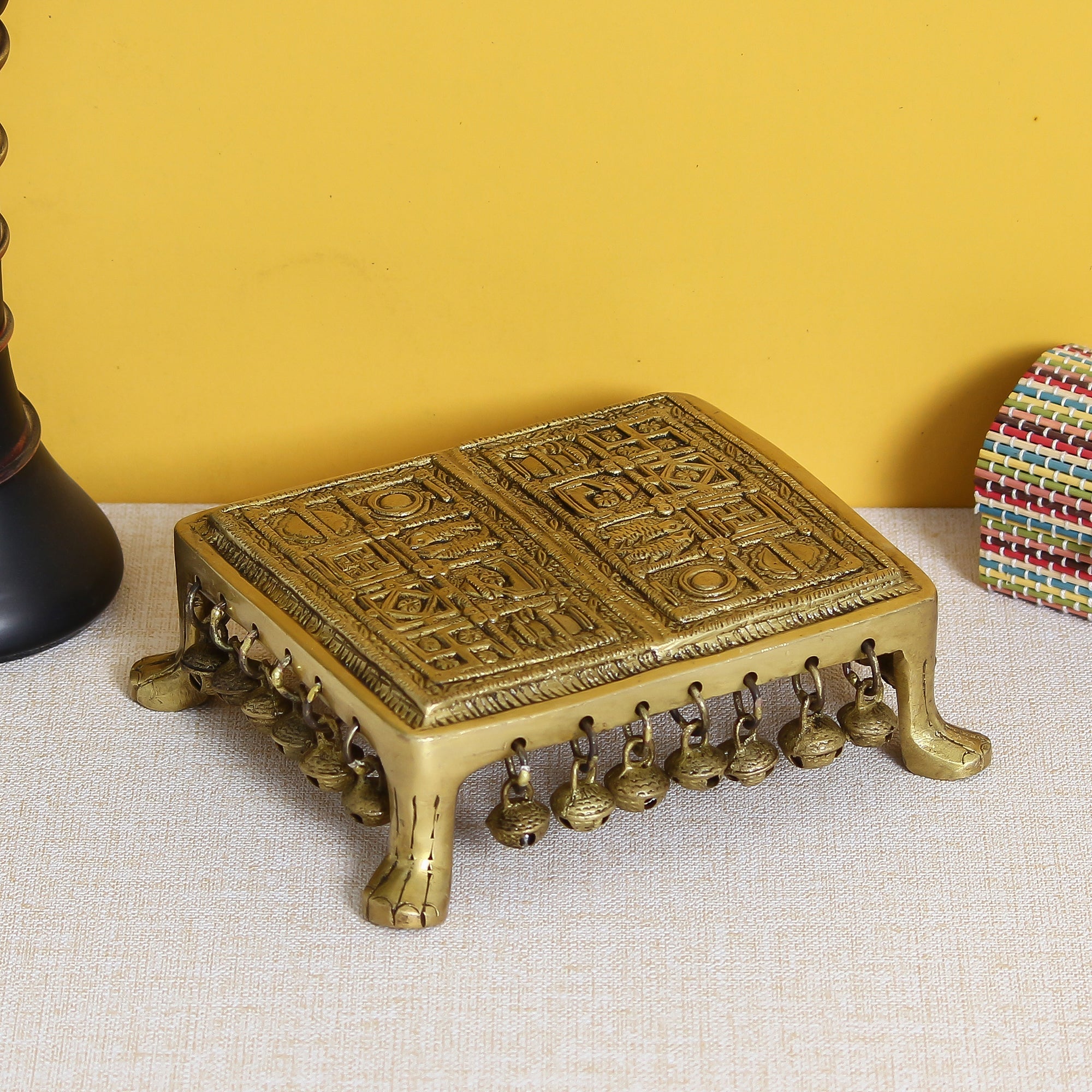 Golden Brass Traditional Pooja Chowki With Bells Kafalo