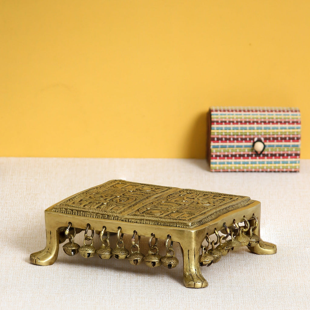 Golden Brass Traditional Pooja Chowki With Bells Kafalo