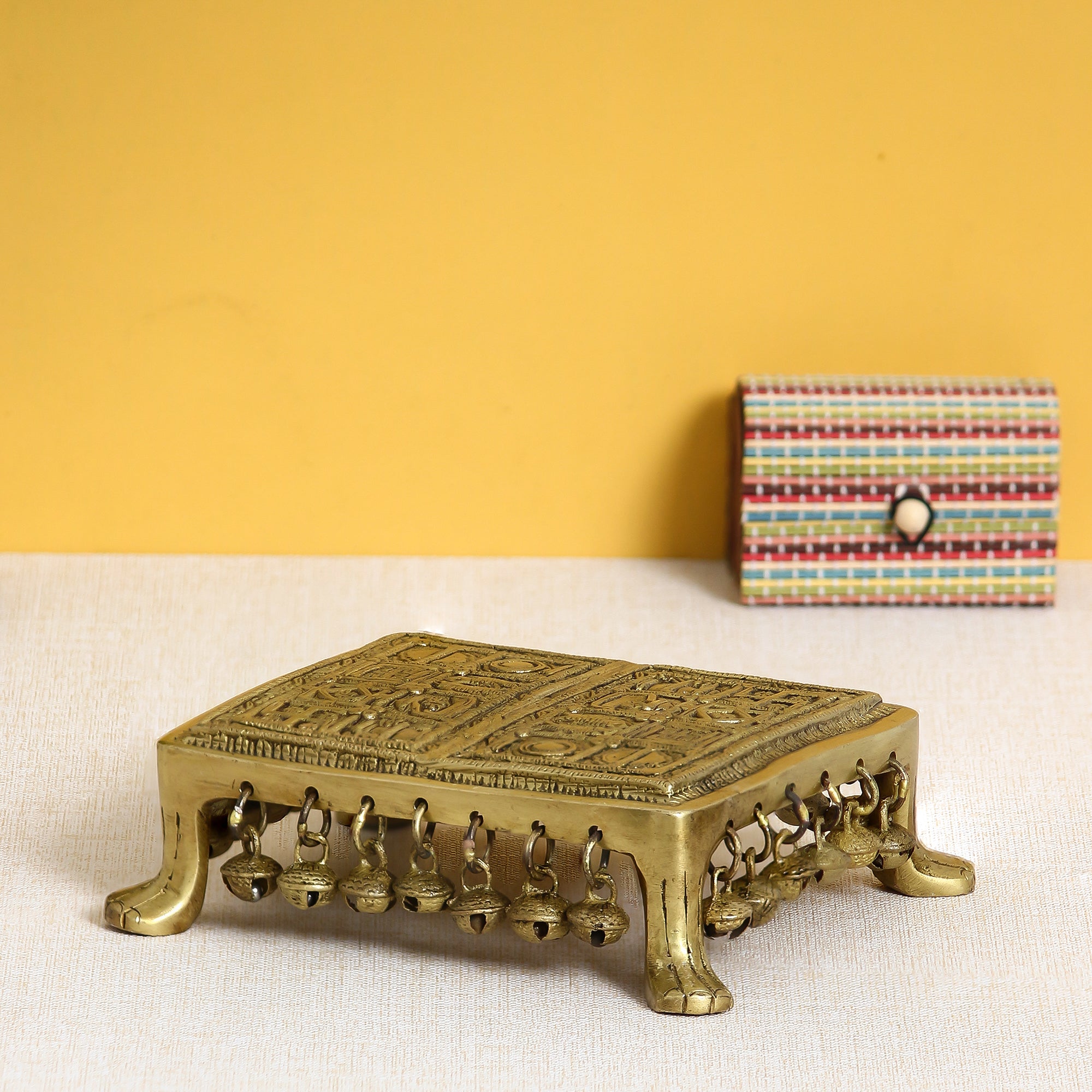Golden Brass Traditional Pooja Chowki With Bells Kafalo