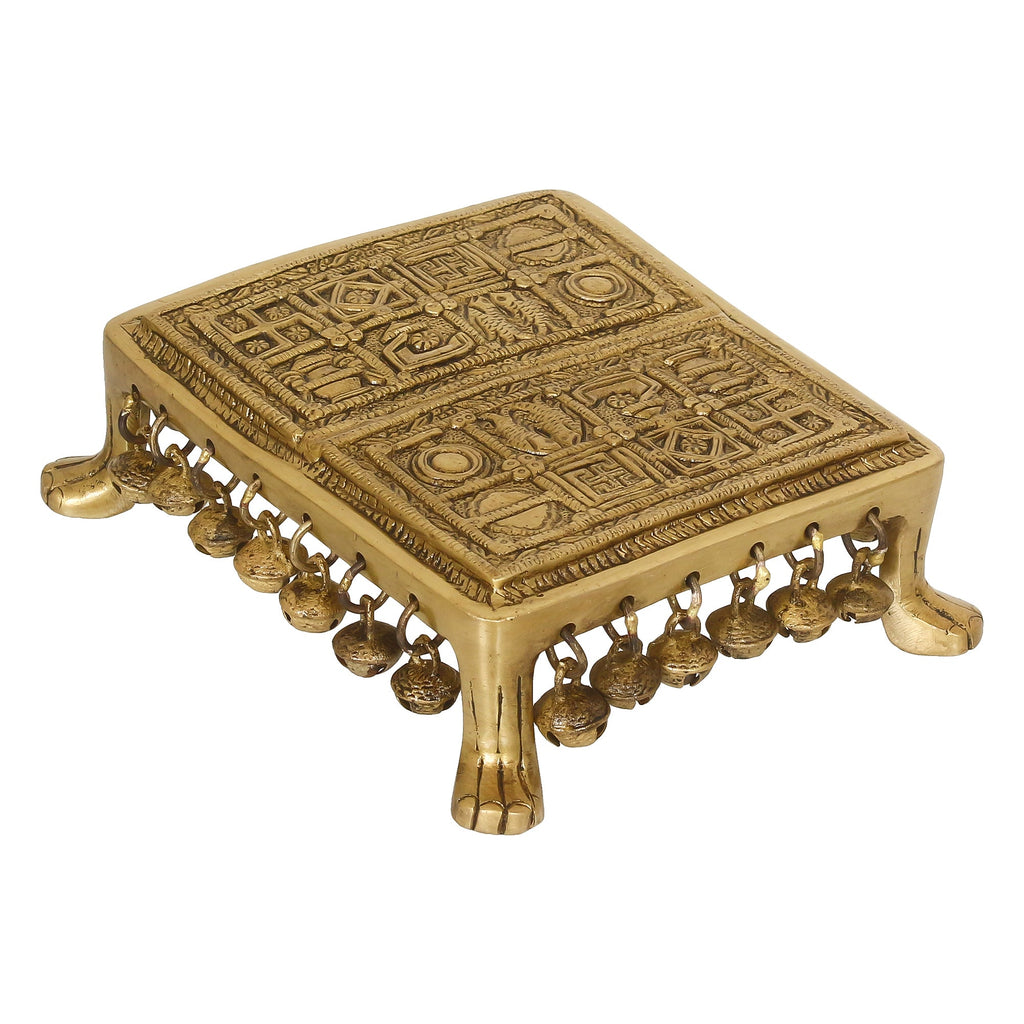 Golden Brass Traditional Pooja Chowki With Bells Kafalo