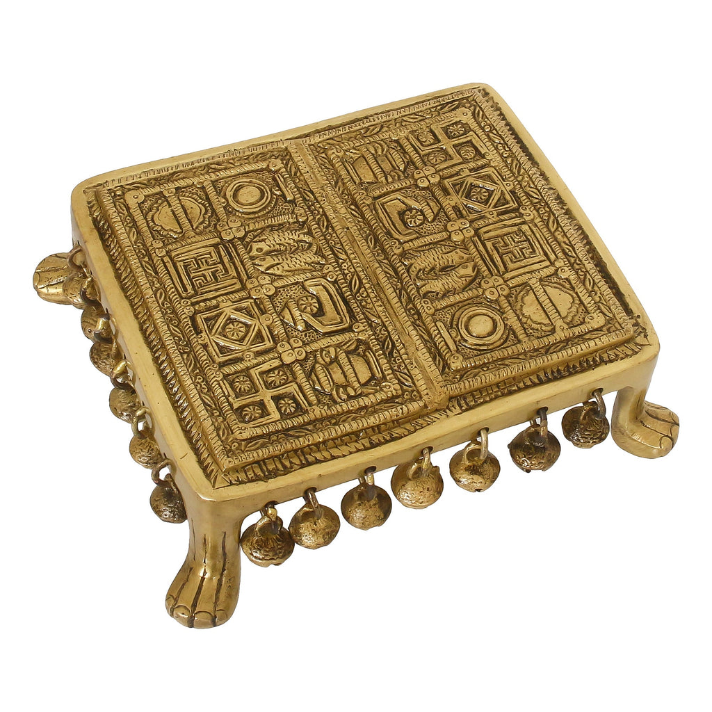 Golden Brass Traditional Pooja Chowki With Bells Kafalo