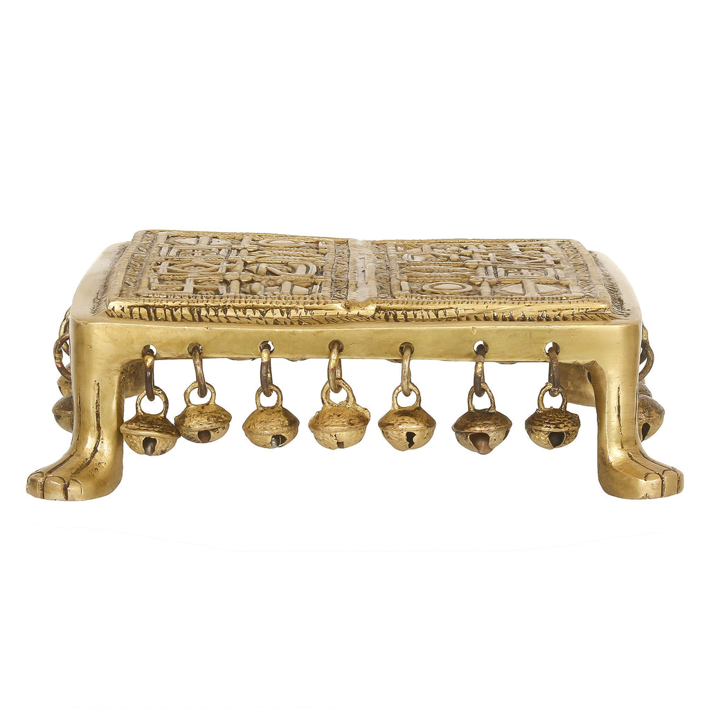 Golden Brass Traditional Pooja Chowki With Bells Kafalo
