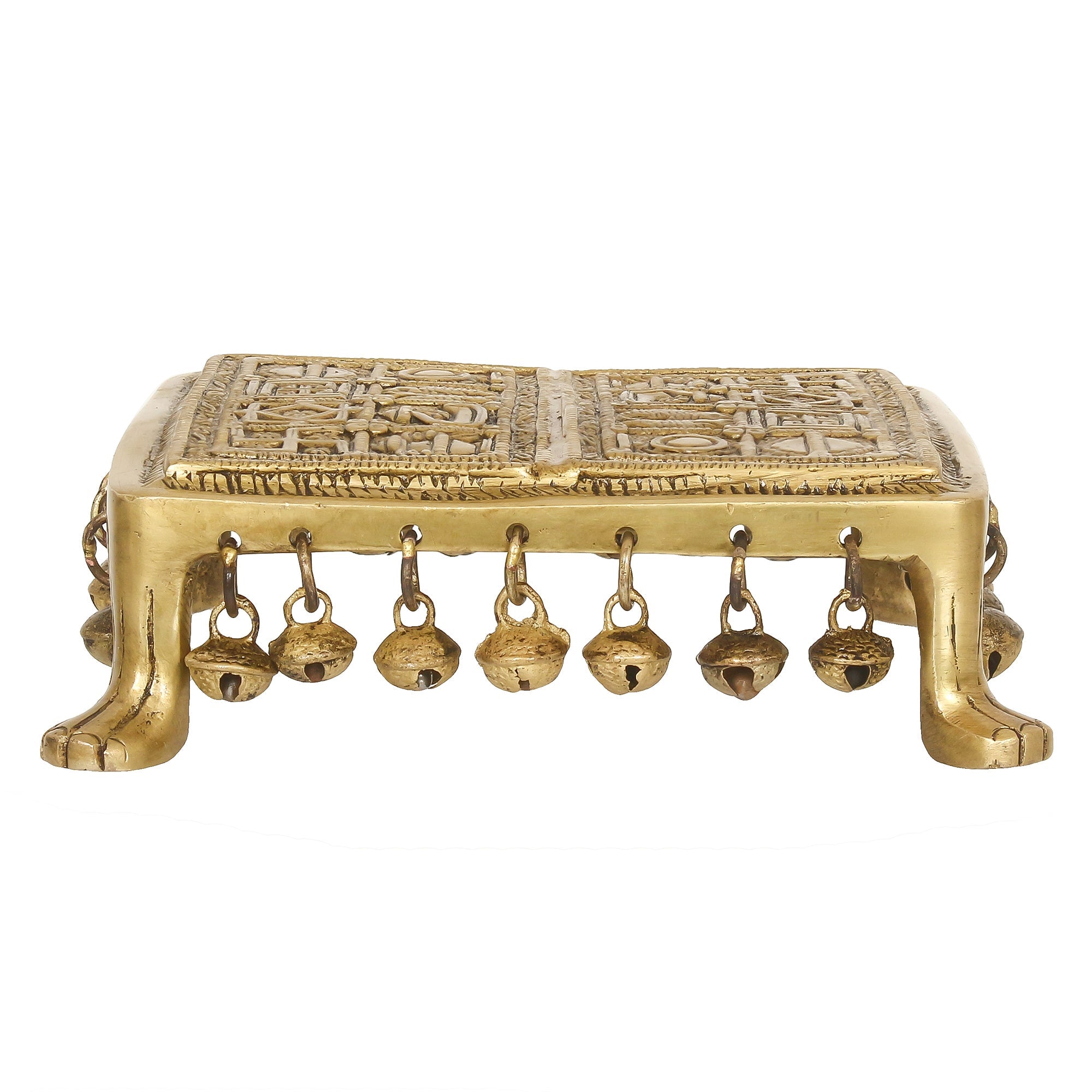 Golden Brass Traditional Pooja Chowki With Bells Kafalo