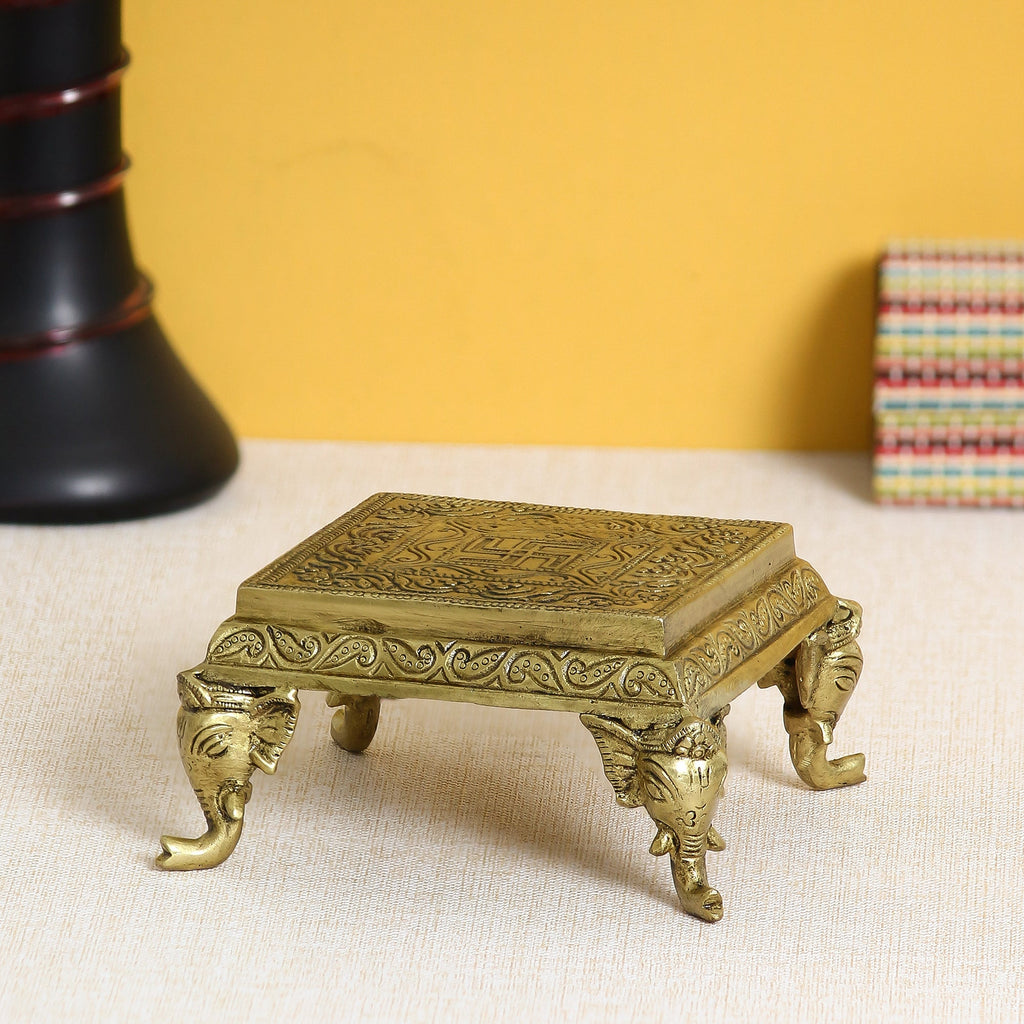 Golden Brass Traditional Pooja Chowki With Swastik Kafalo