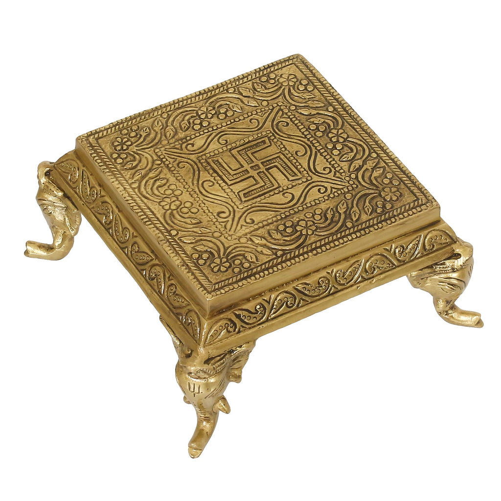 Golden Brass Traditional Pooja Chowki With Swastik Kafalo