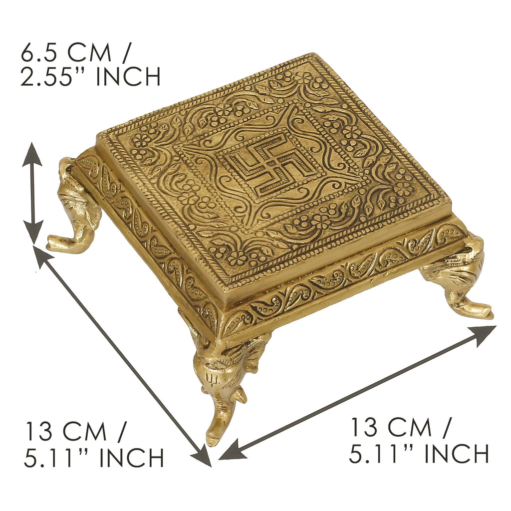 Golden Brass Traditional Pooja Chowki With Swastik Kafalo
