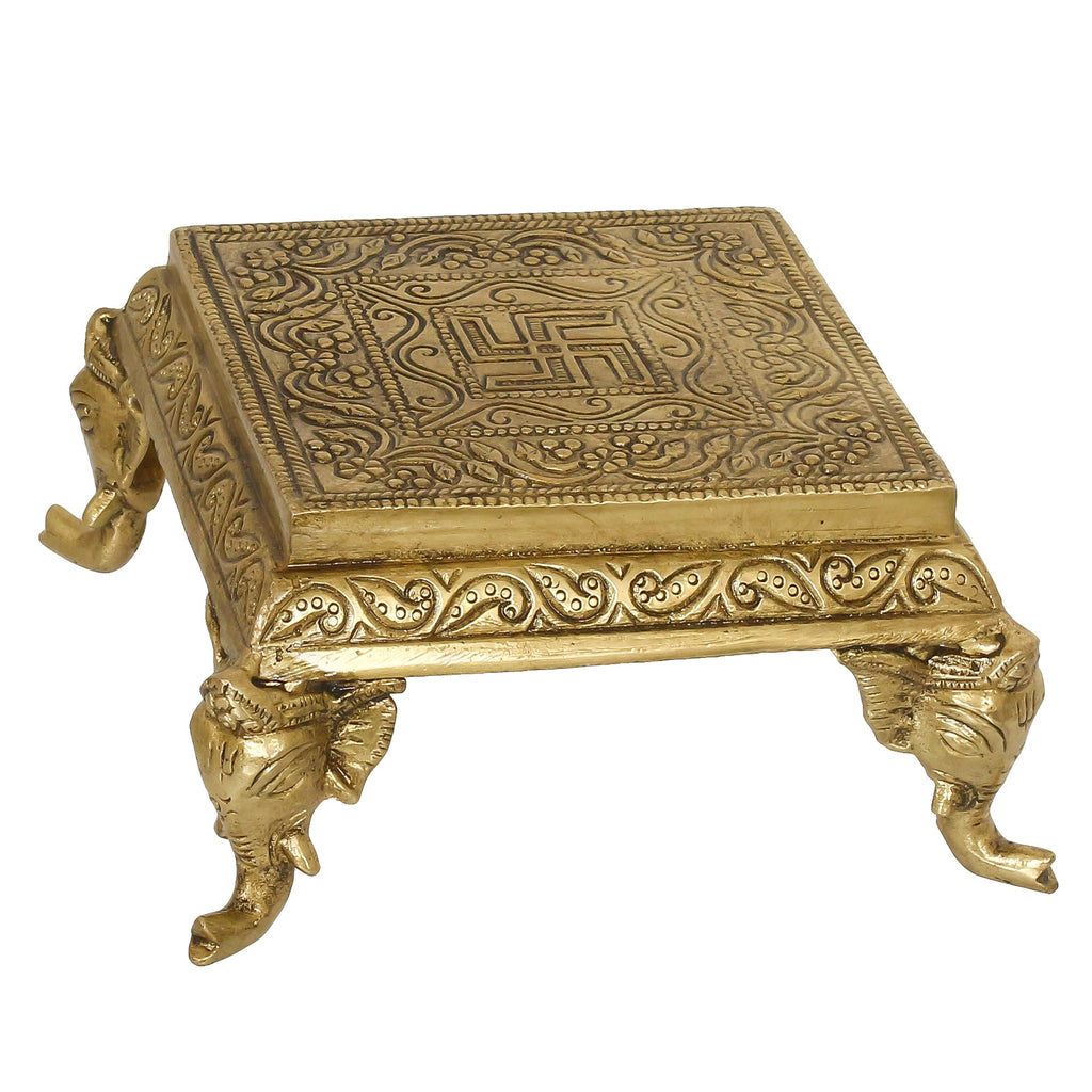 Golden Brass Traditional Pooja Chowki With Swastik Kafalo