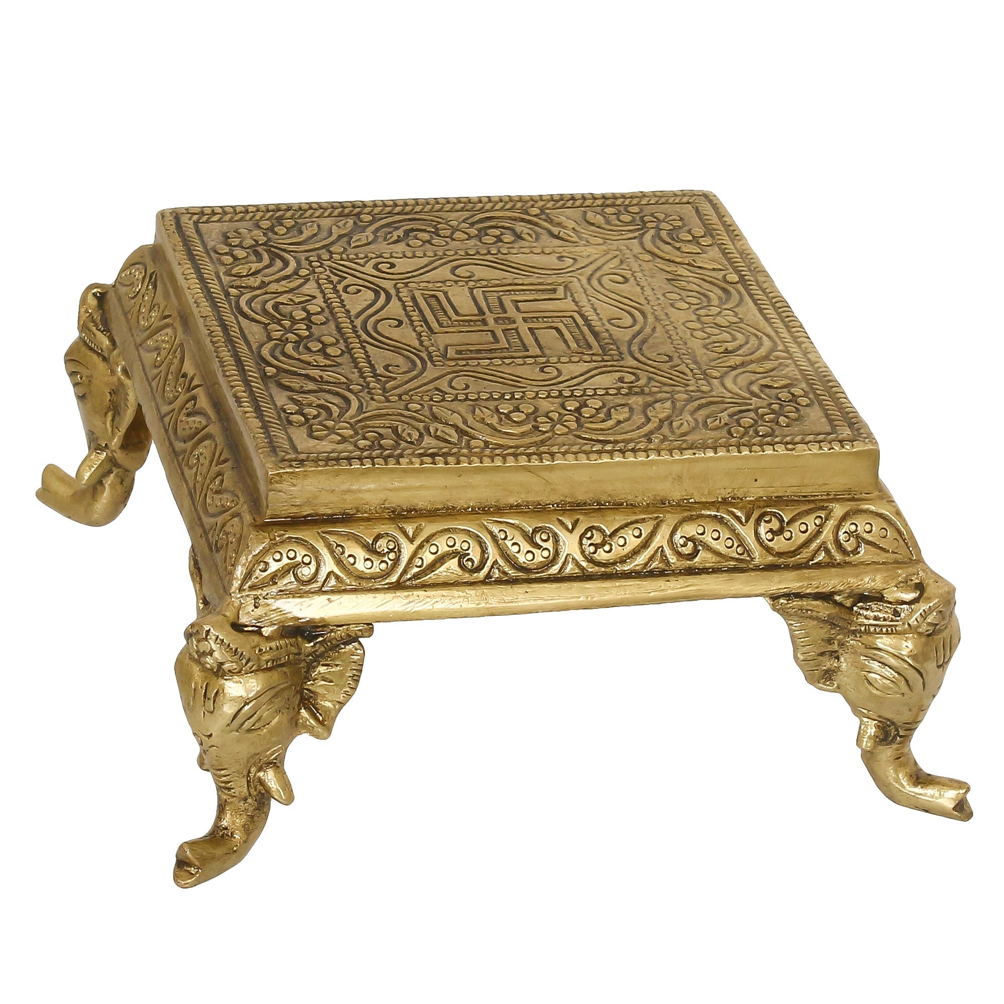 Golden Brass Traditional Pooja Chowki With Swastik Kafalo
