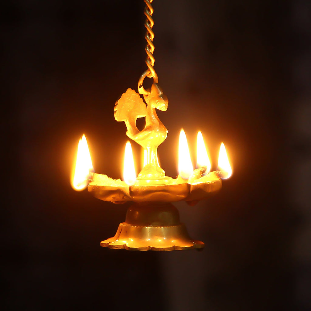 7 Wicks Decorative Peacock Brass Diya With Bell Wall Hanging With Chain Kafalo