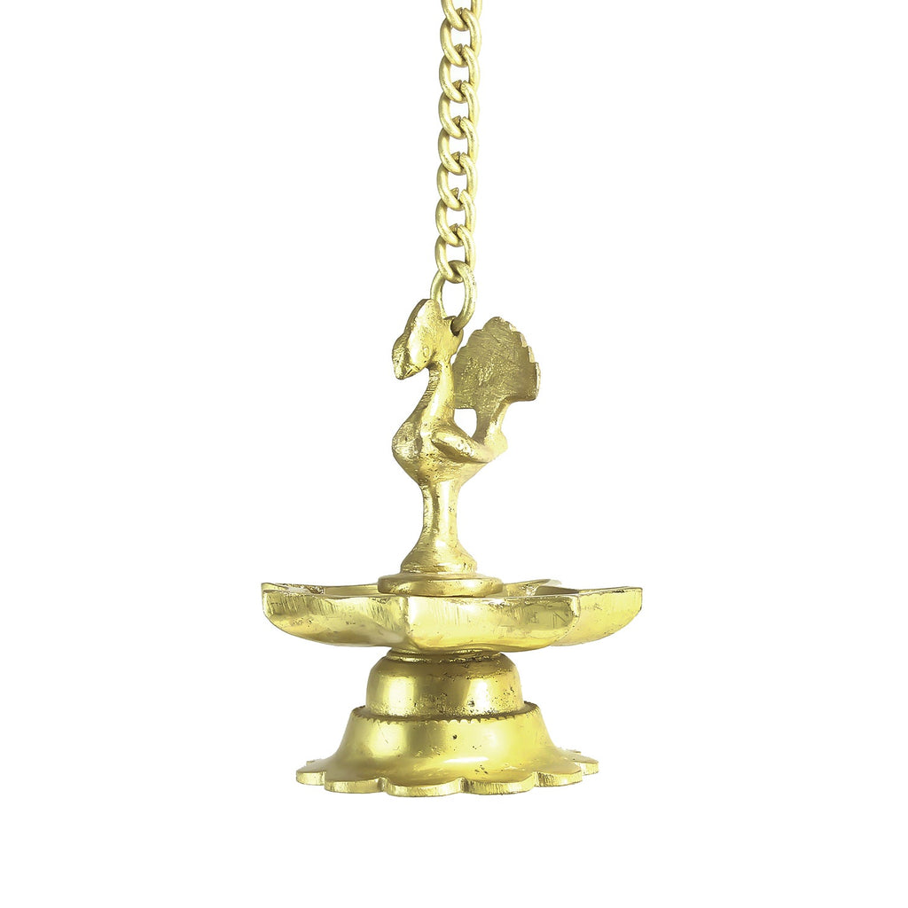 7 Wicks Decorative Peacock Brass Diya With Bell Wall Hanging With Chain Kafalo