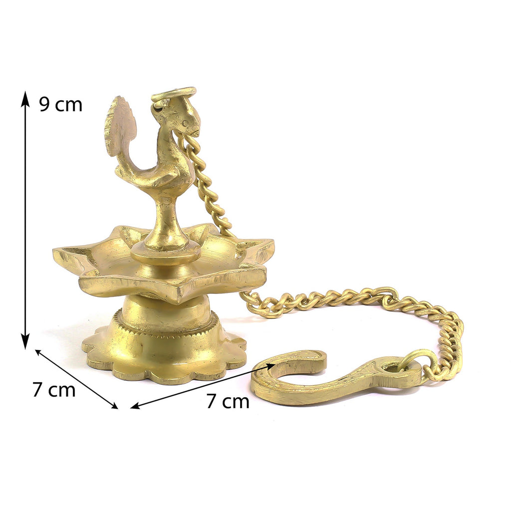 7 Wicks Decorative Peacock Brass Diya With Bell Wall Hanging With Chain Kafalo