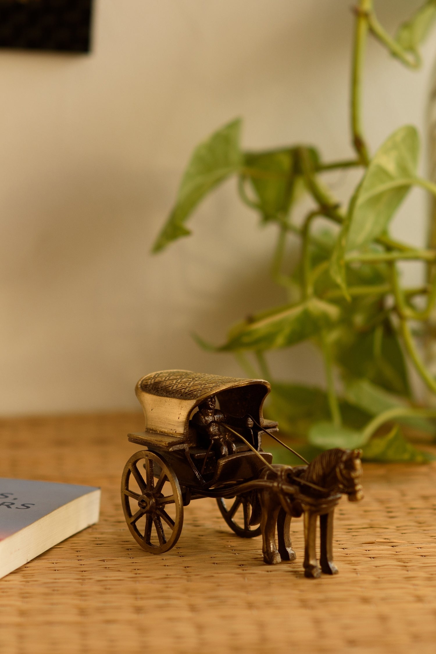 Golden Brass Horse Cart Showpiece Kafalo