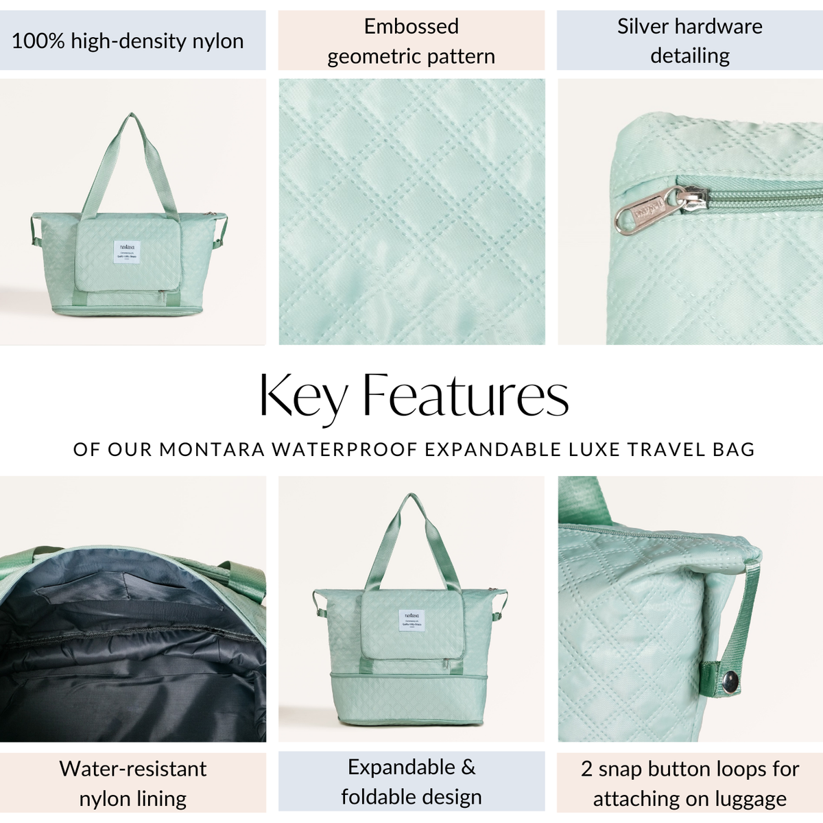 Montara Expandable Foldable Luxe Travel Bag Mint Nestasia