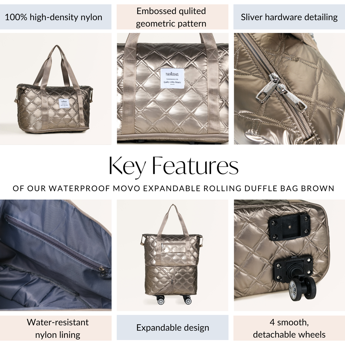 Movo Expandable Bag With Detachable Wheels Metallic Brown Nestasia