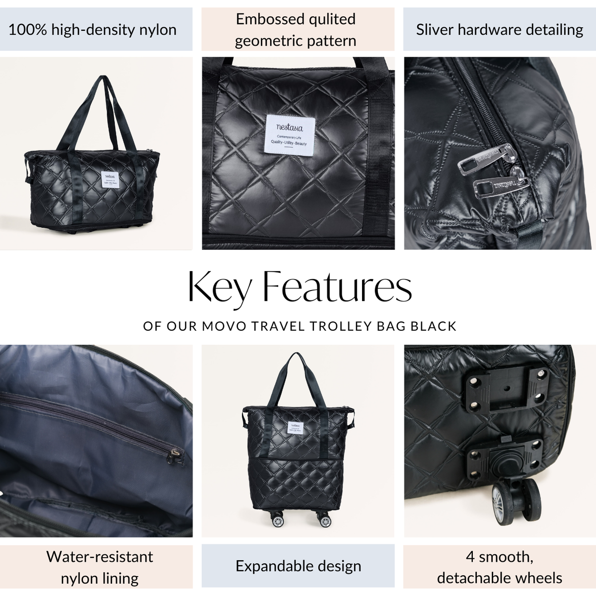 Movo Travel Bag With Removable Wheels Metallic Black Nestasia