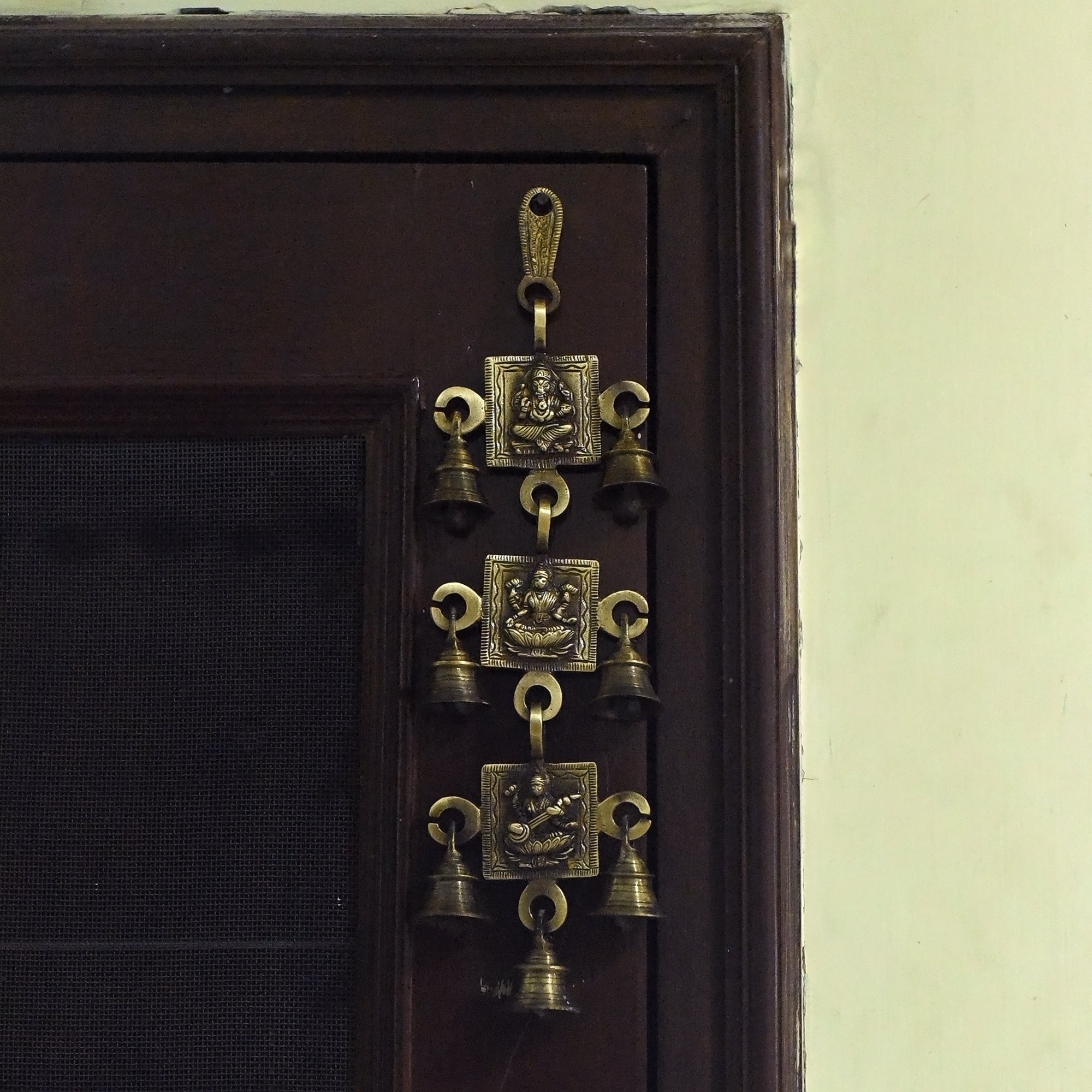 Brown Brass Ganesha Laxmi Saraswati Wall Hanging Bells Kafalo