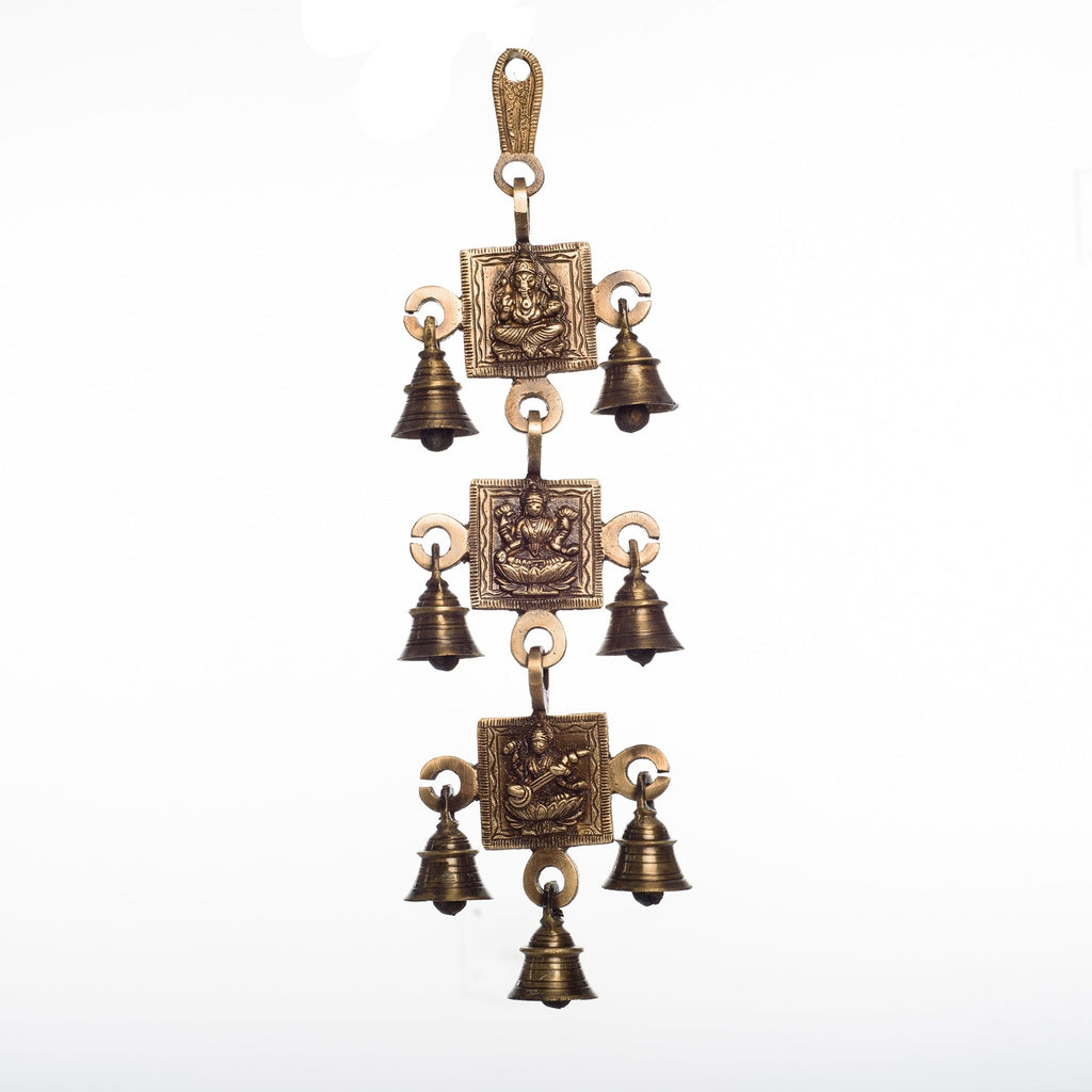Brown Brass Ganesha Laxmi Saraswati Wall Hanging Bells Kafalo