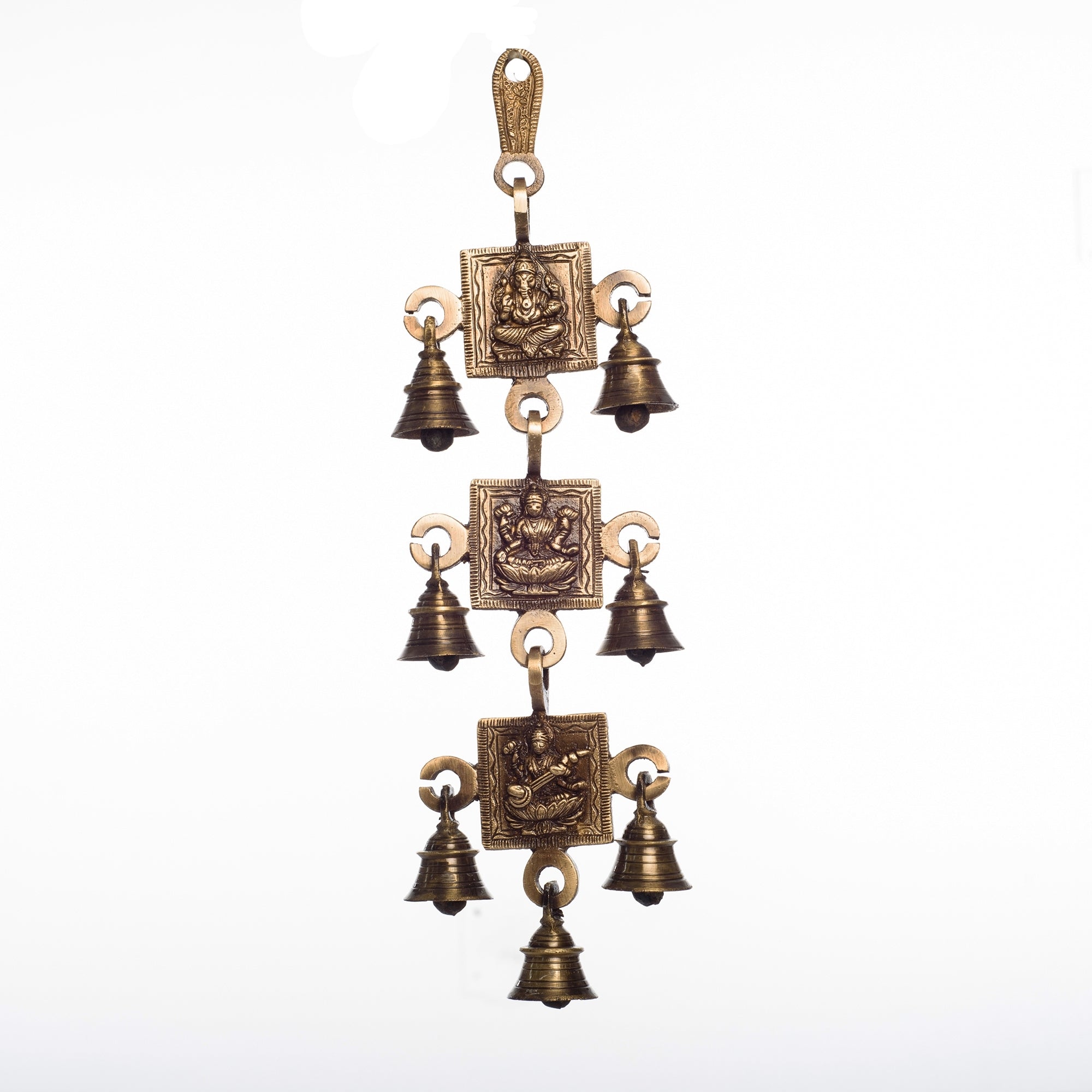 Brown Brass Ganesha Laxmi Saraswati Wall Hanging Bells Kafalo