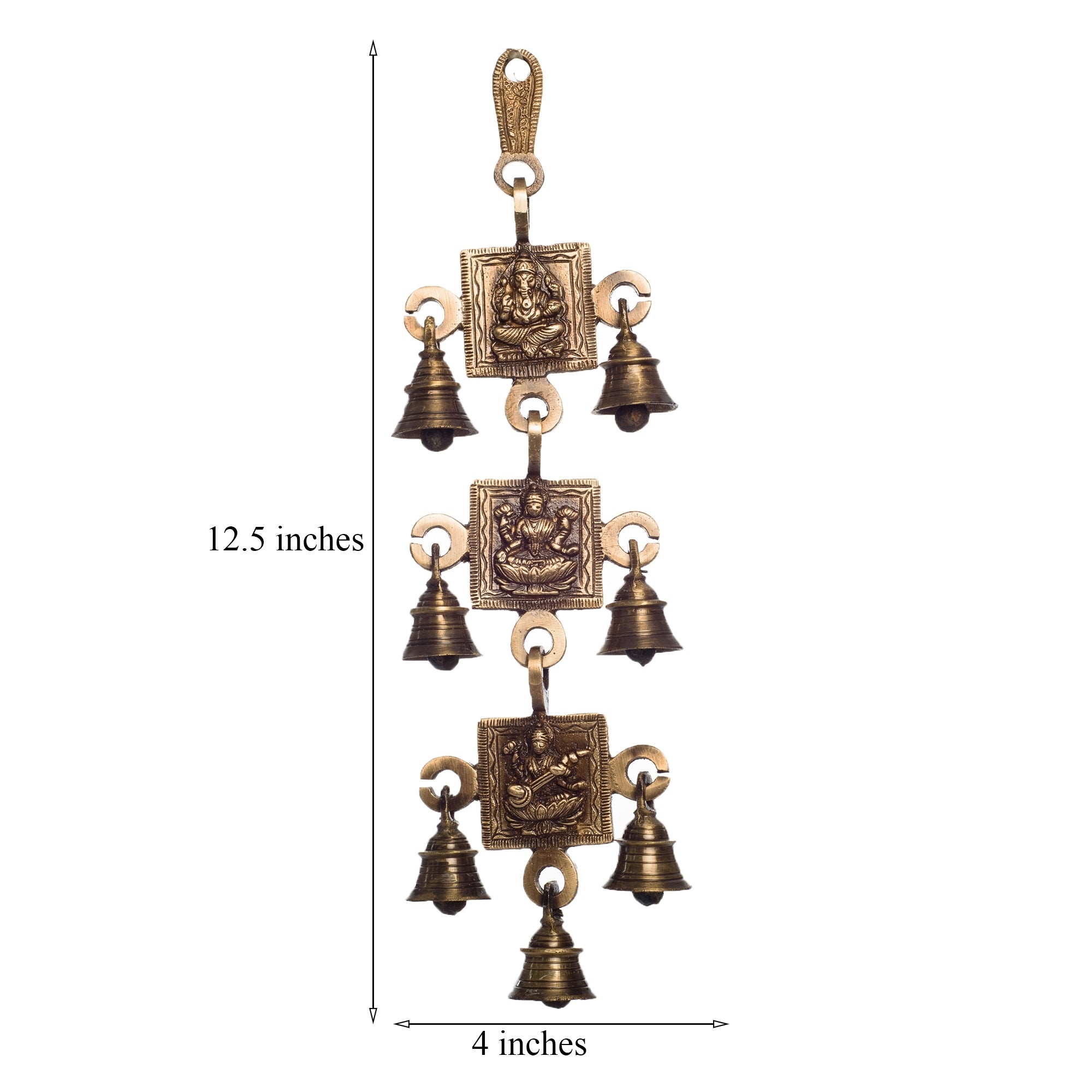 Brown Brass Ganesha Laxmi Saraswati Wall Hanging Bells Kafalo
