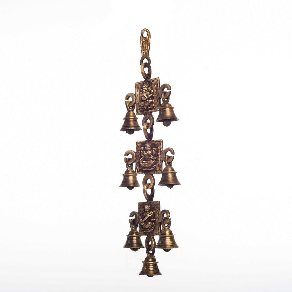Brown Brass Ganesha Laxmi Saraswati Wall Hanging Bells Kafalo