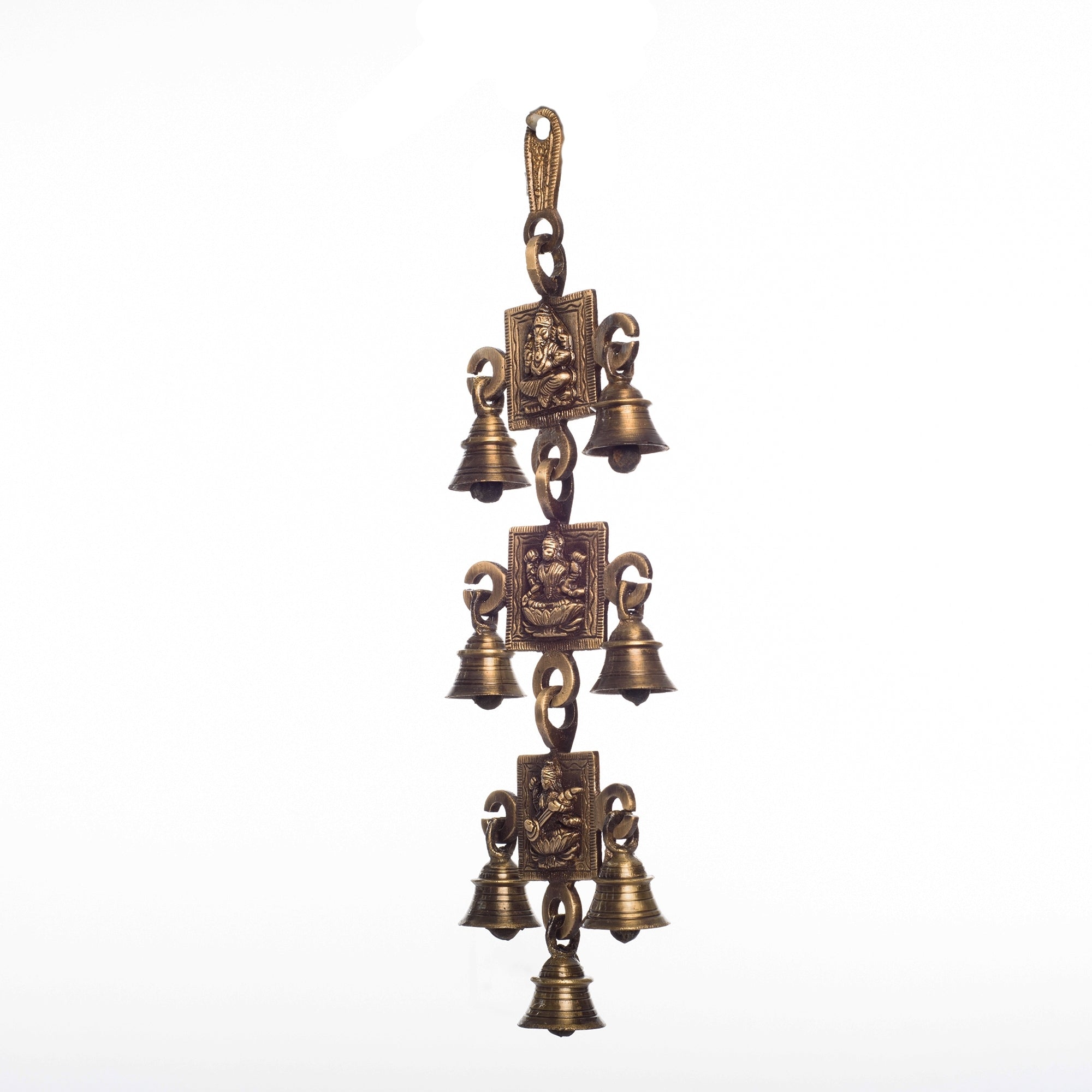 Brown Brass Ganesha Laxmi Saraswati Wall Hanging Bells Kafalo
