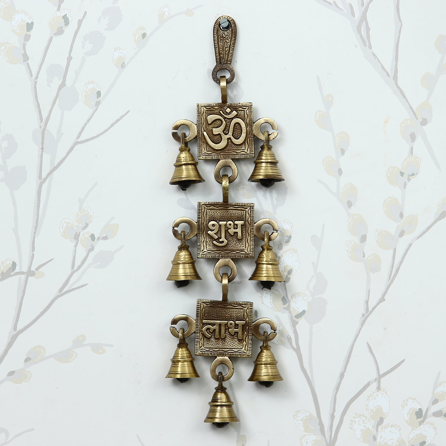 Brown Om Shubh Labh Brass Wall Hanging Bells Kafalo