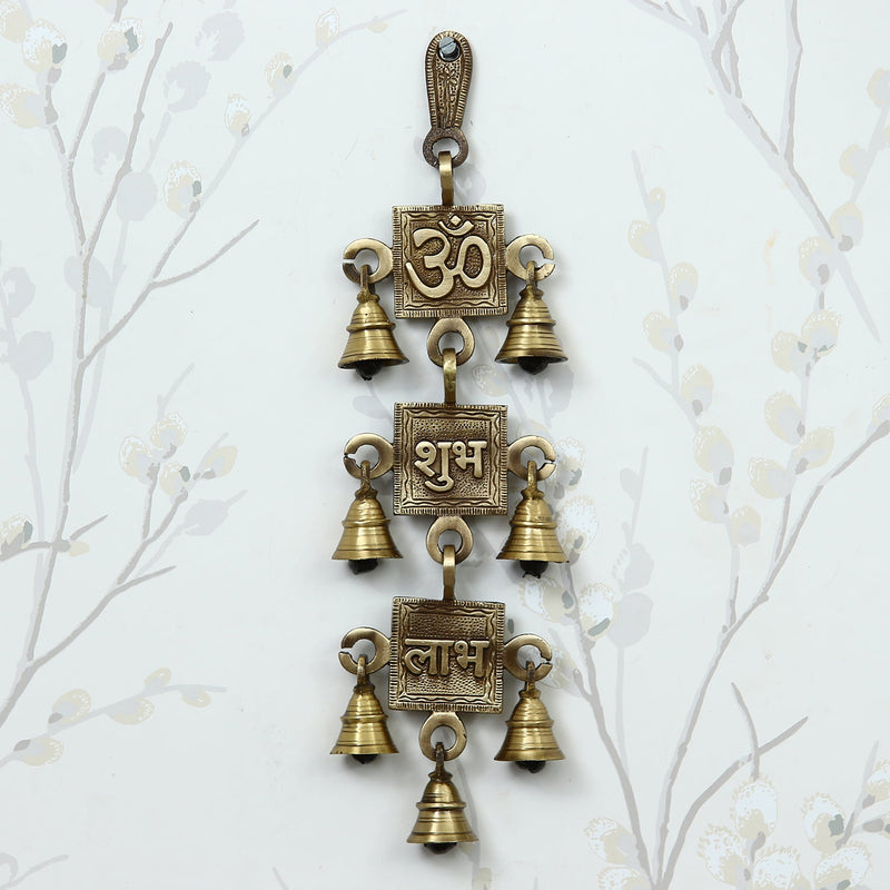 Brown Om Shubh Labh Brass Wall Hanging Bells