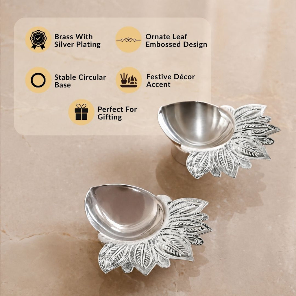Silver Leaf Brass Diya For Pooja Set Of 2 In Gift Box Nestasia