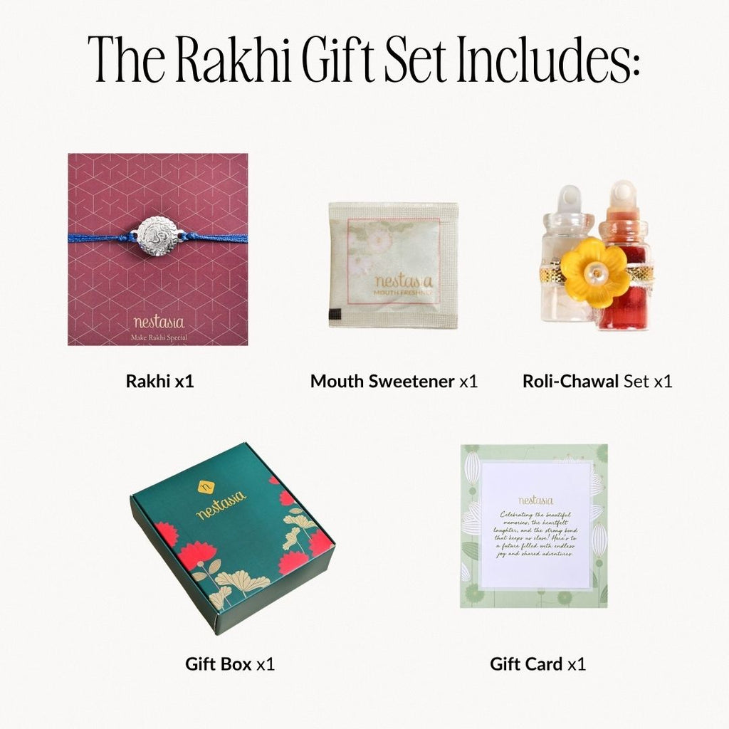 Brass Om Rakhi With Silver Finish Gift Set Nestasia