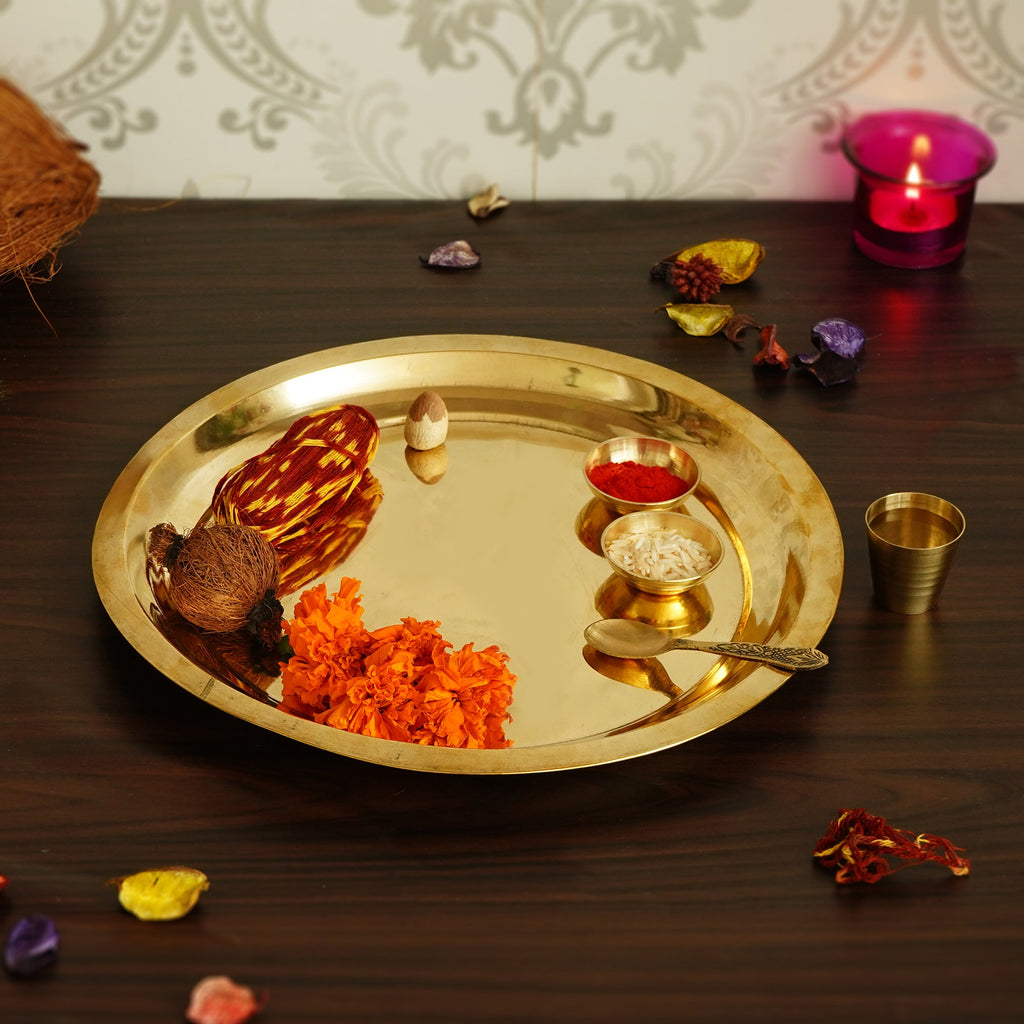 Golden Brass Pooja Thali with 2 Katori/Bowls, 1 Spoon and 1 Glass Kafalo