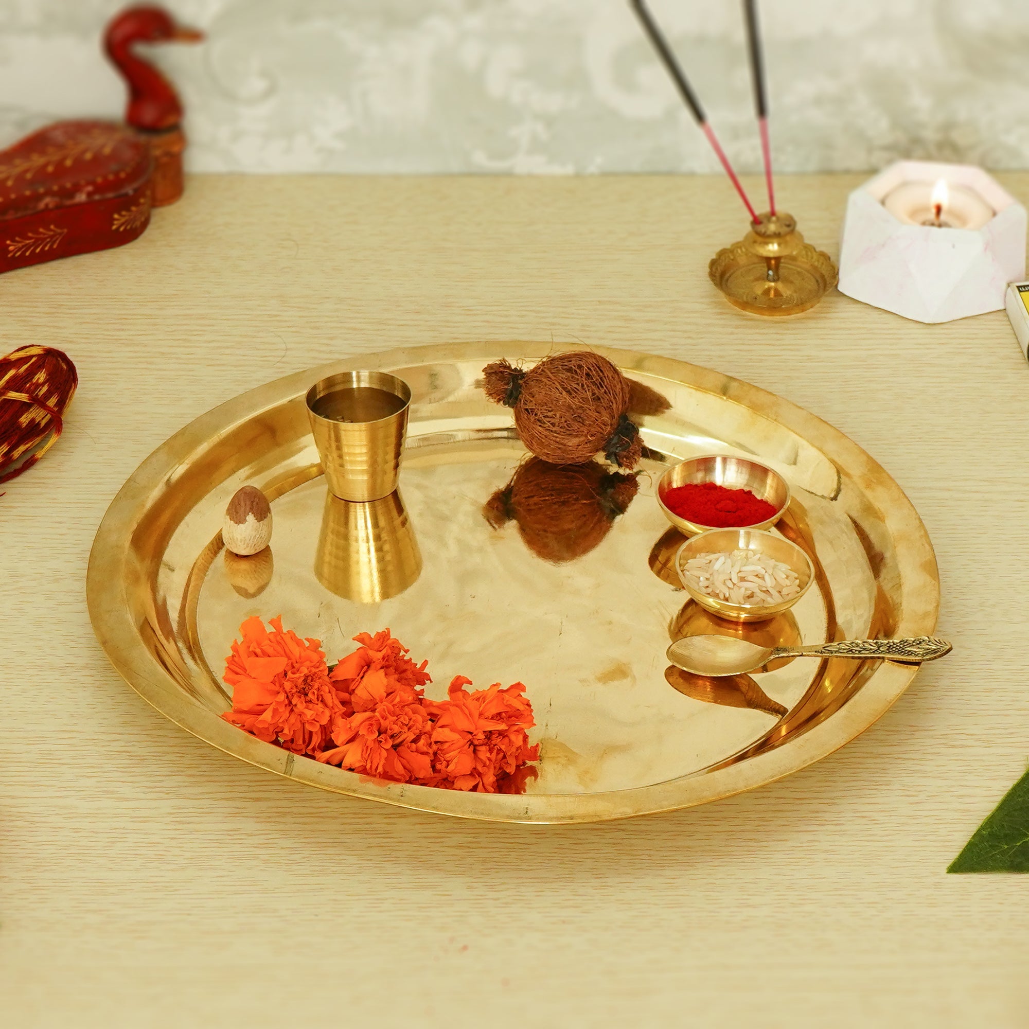 Golden Brass Pooja Thali with 2 Katori/Bowls, 1 Spoon and 1 Glass Kafalo