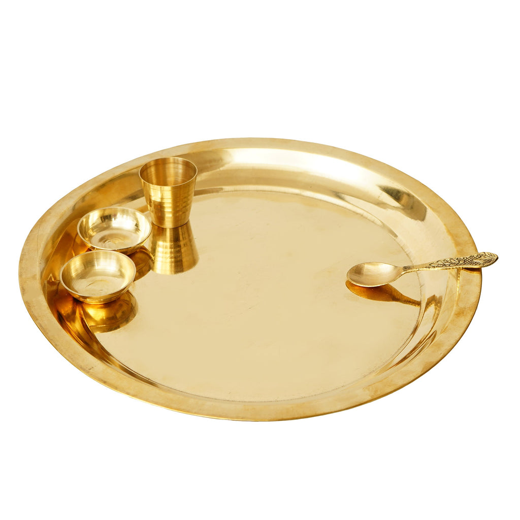 Golden Brass Pooja Thali with 2 Katori/Bowls, 1 Spoon and 1 Glass Kafalo
