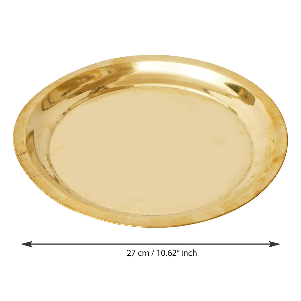 Golden Brass Pooja Thali with 2 Katori/Bowls, 1 Spoon and 1 Glass Kafalo