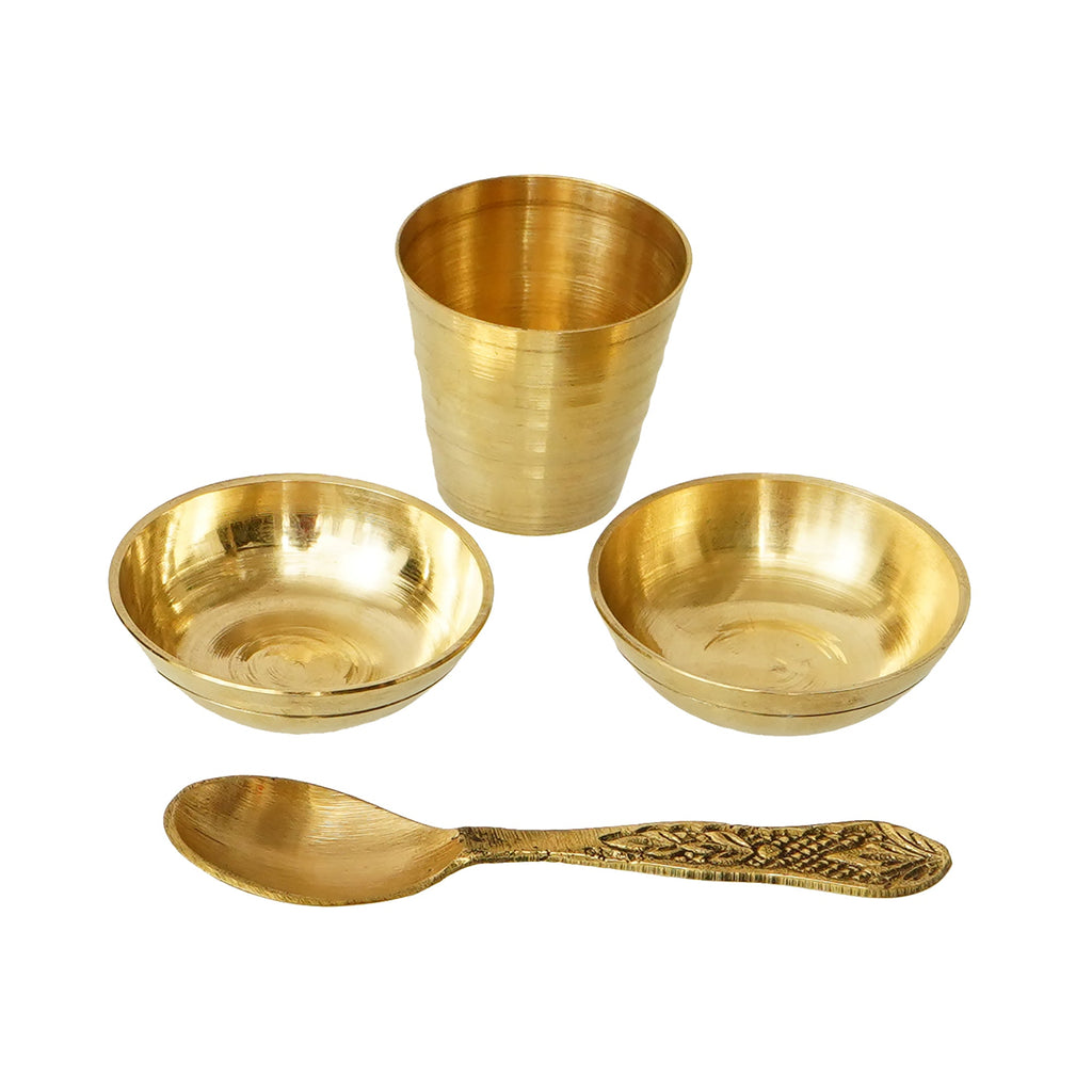 Golden Brass Pooja Thali with 2 Katori/Bowls, 1 Spoon and 1 Glass Kafalo
