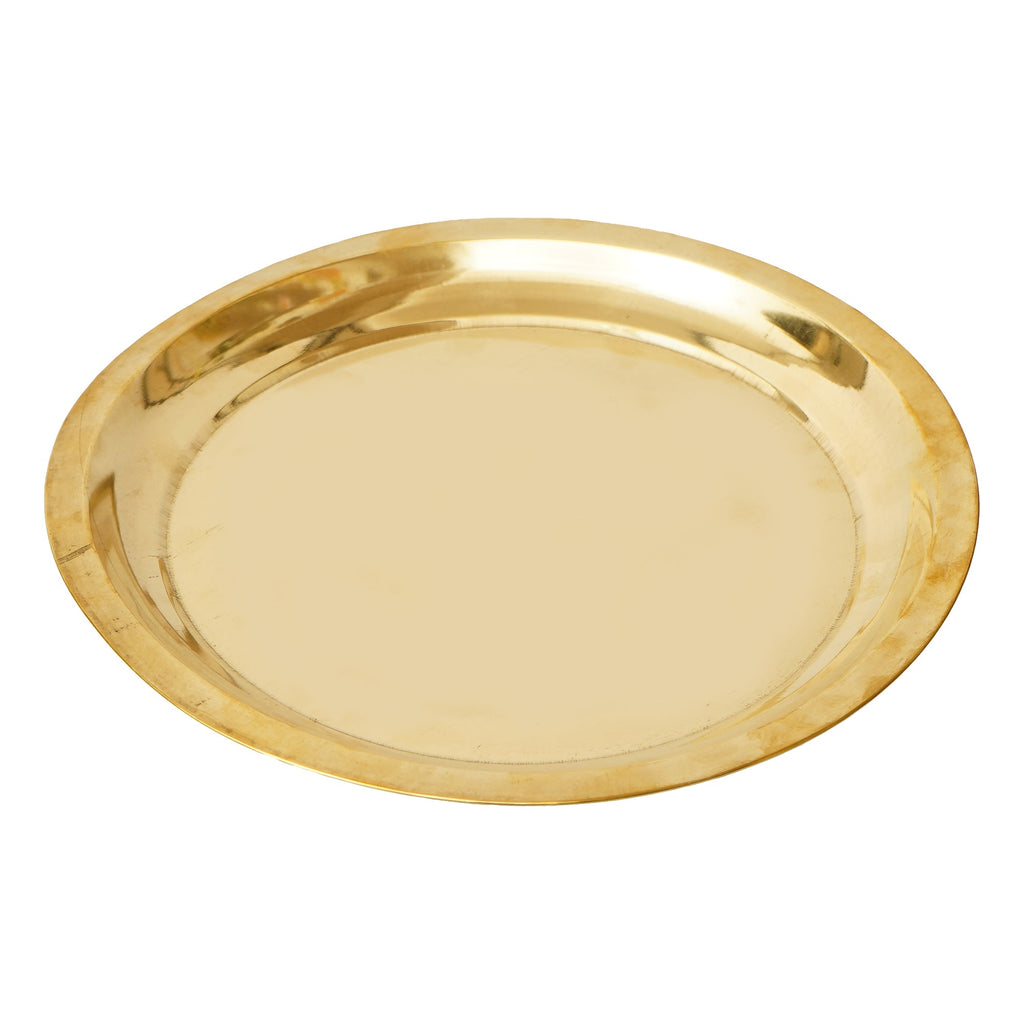 Golden Brass Pooja Thali with 2 Katori/Bowls, 1 Spoon and 1 Glass Kafalo