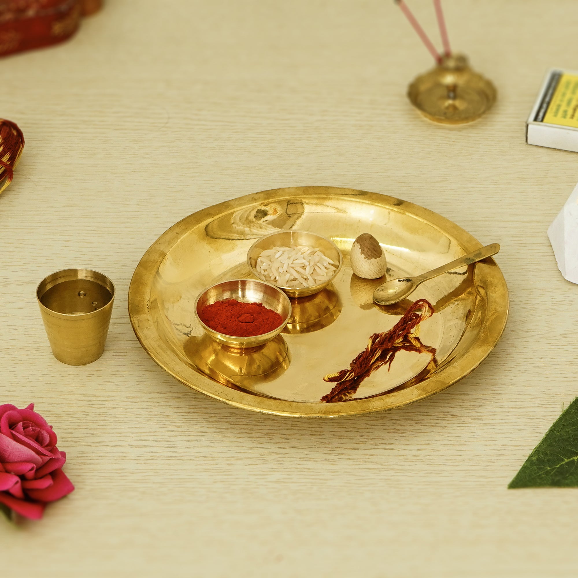 7 Inch Brass Pooja Thali with 2 Katori/Bowls, 1 Spoon and 1 Glass Kafalo
