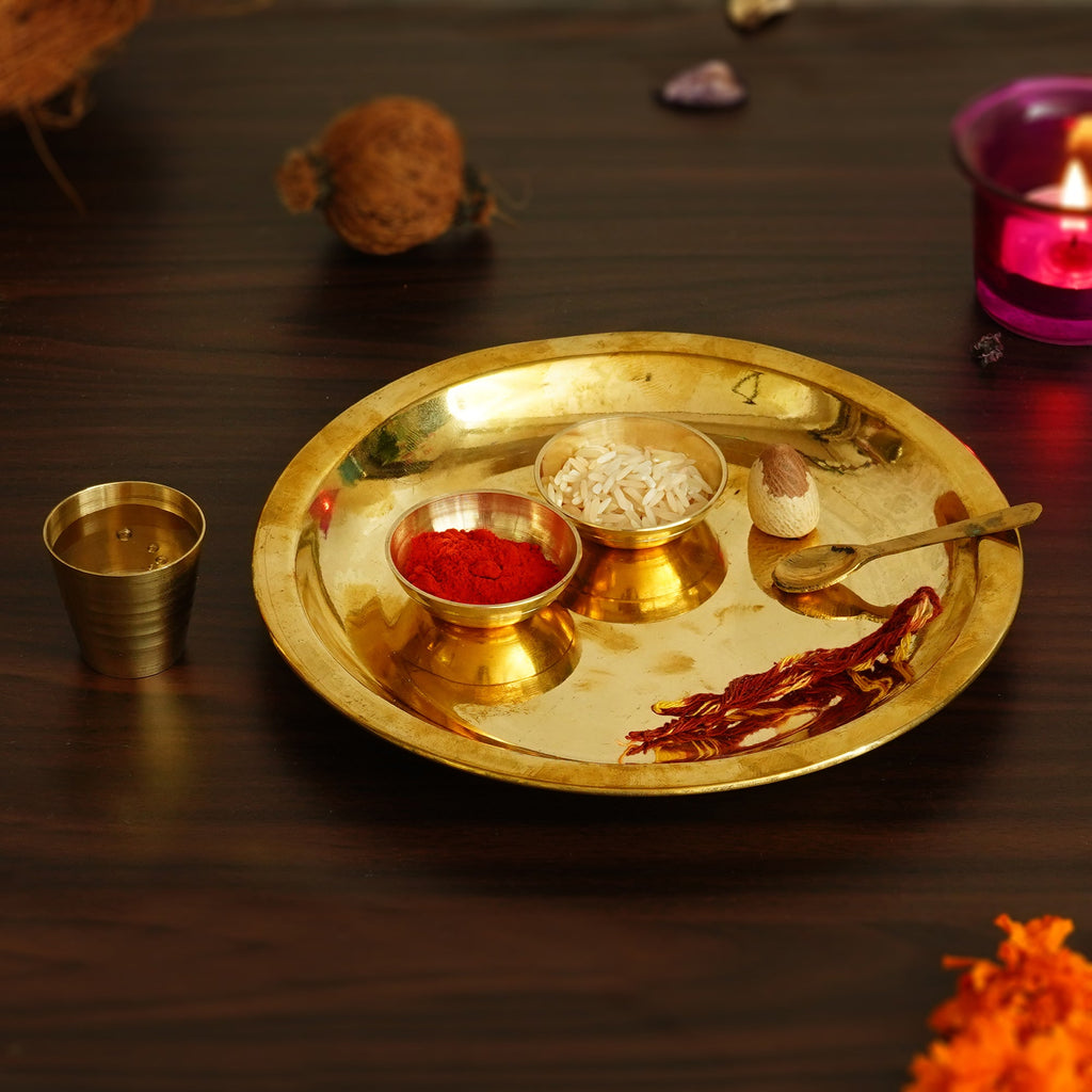 7 Inch Brass Pooja Thali with 2 Katori/Bowls, 1 Spoon and 1 Glass Kafalo