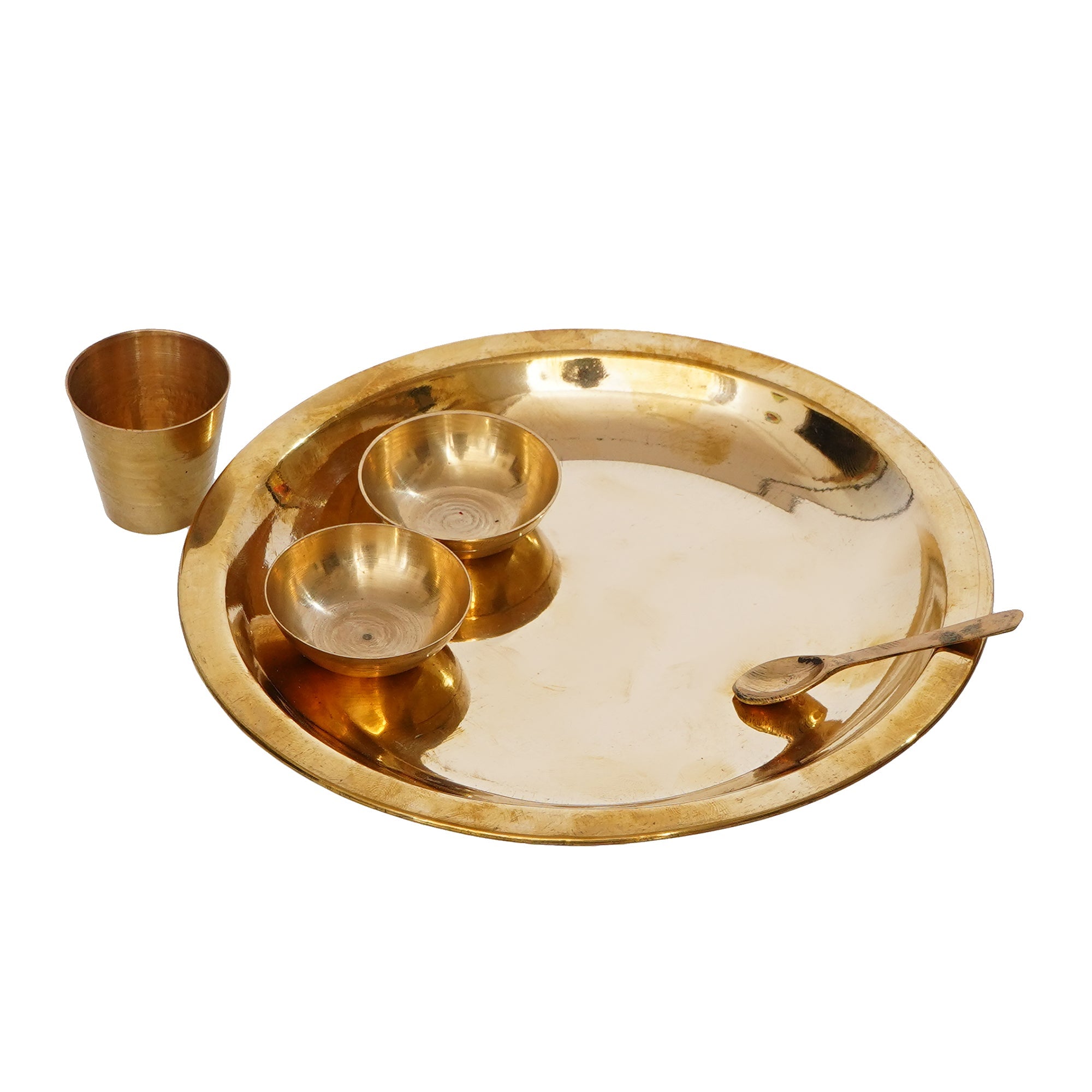 7 Inch Brass Pooja Thali with 2 Katori/Bowls, 1 Spoon and 1 Glass Kafalo