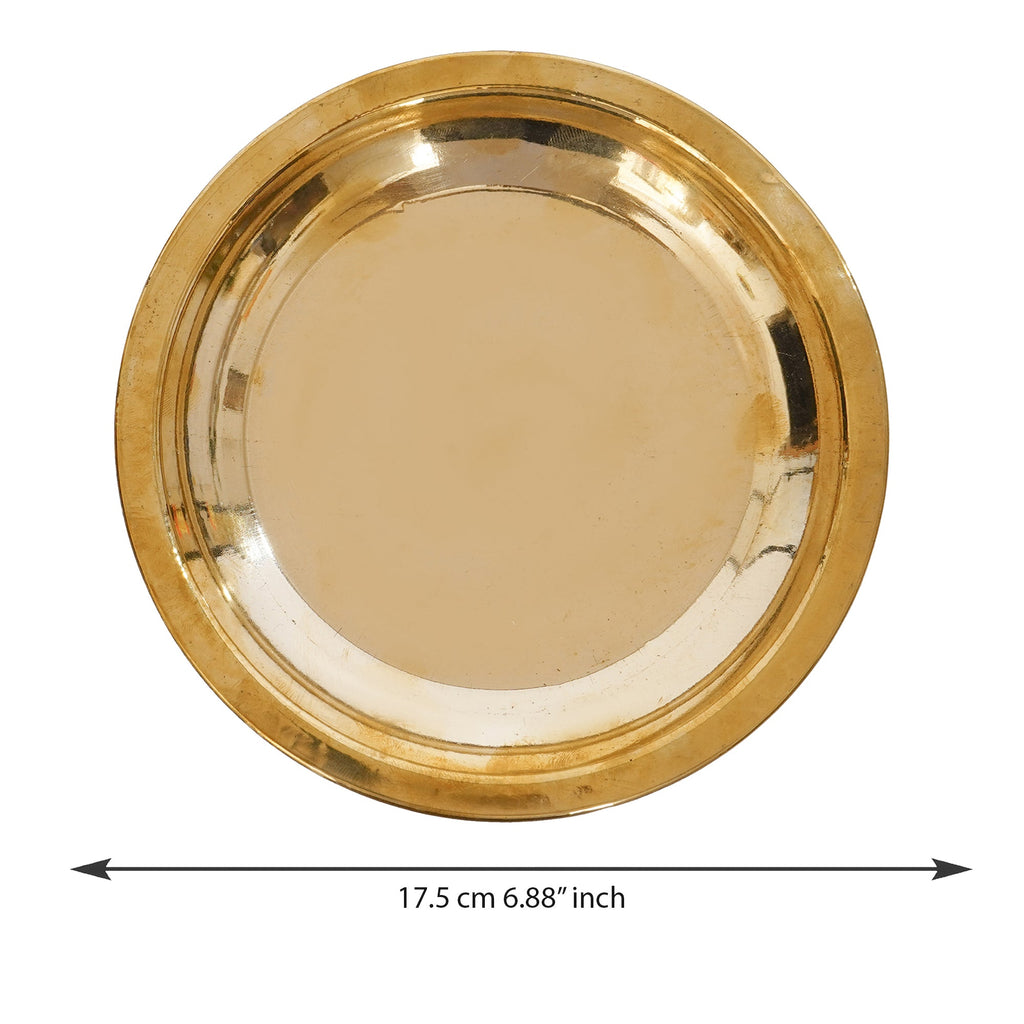 7 Inch Brass Pooja Thali with 2 Katori/Bowls, 1 Spoon and 1 Glass Kafalo