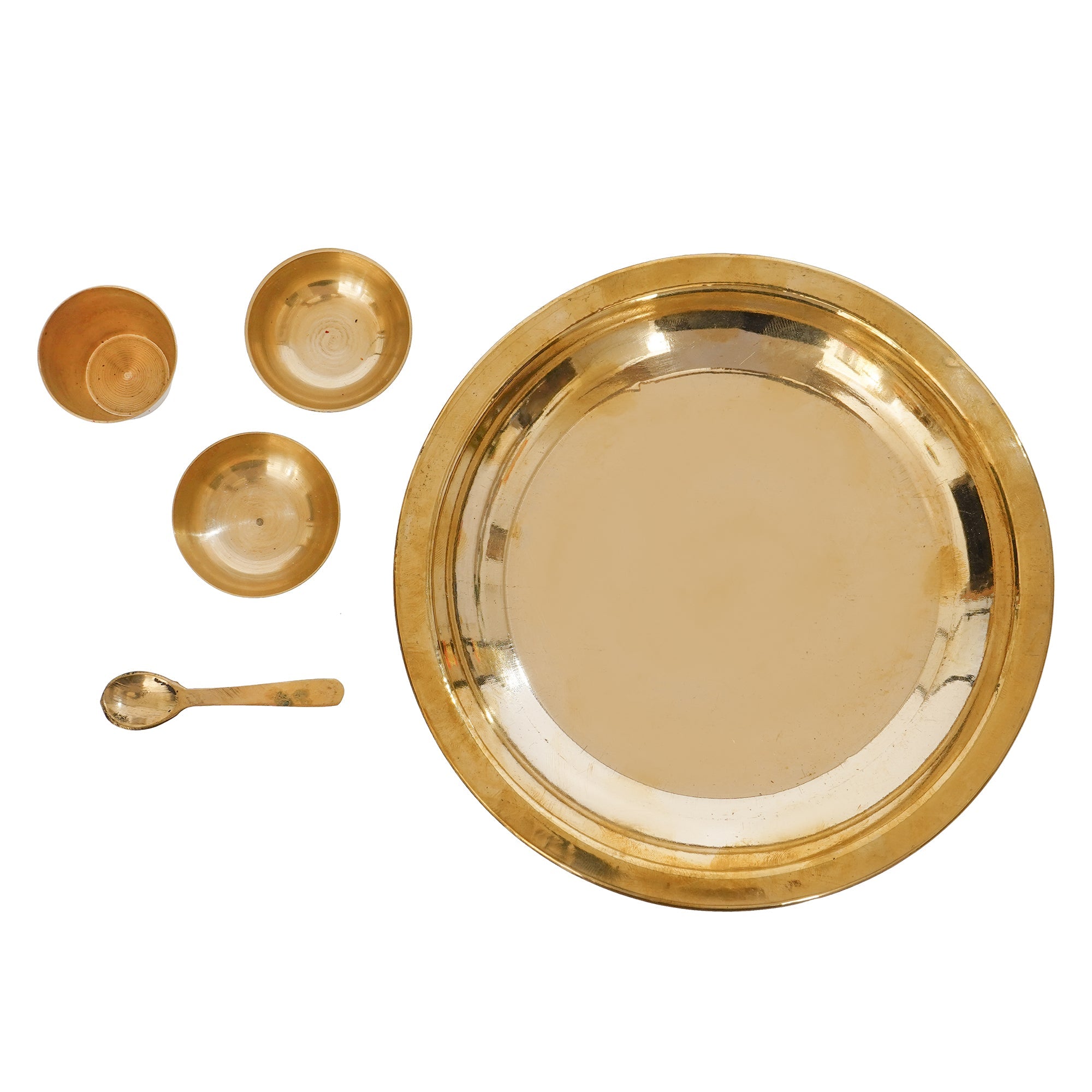 7 Inch Brass Pooja Thali with 2 Katori/Bowls, 1 Spoon and 1 Glass Kafalo